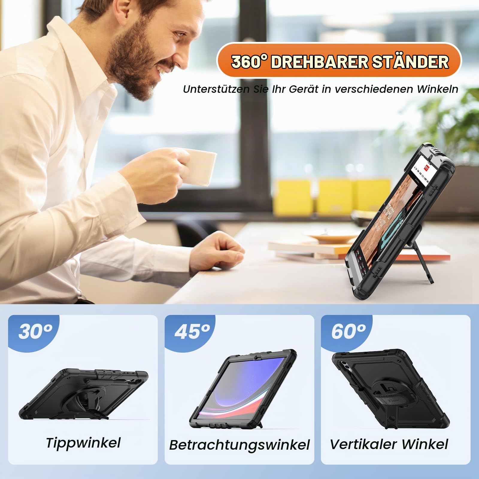 Timecity Hülle für Samsung Galaxy Tab S10+ Plus / S9 FE+ Plus / S9+ Plus | 12,4 Zoll, 2024/2023, mit Stoßfeste Displayschutz, 360° Drehbarem Ständer, Handschlaufe, Schultergurt, Stifthalter, Schwarz