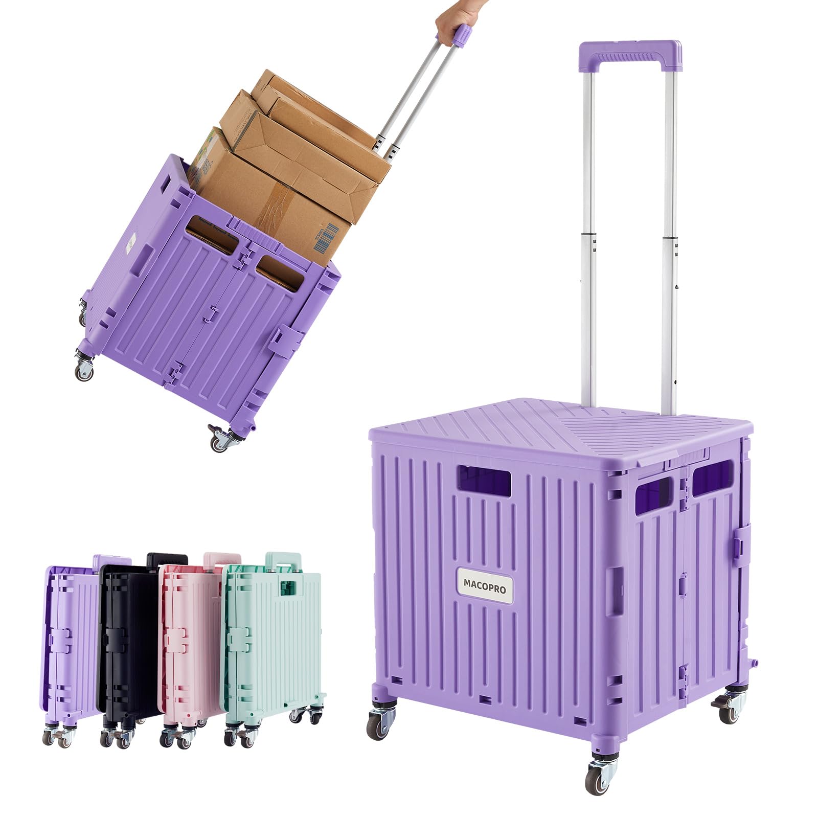 Foldable Utility Cart Folding Portable Rolling Crate Handcart with Durable Heavy Duty Plastic Telescoping Handle Collapsible 4 Rotate Wheels for Travel Shopping Moving Luggage Office Use (Purple)