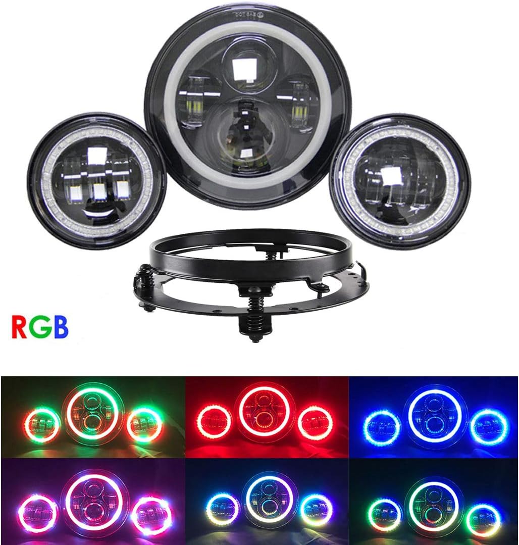7" LED Headlights RGB Halo with Bluetooth Remote with a pair Passing Light LED Fog Lamp rgb for Harley Davidson