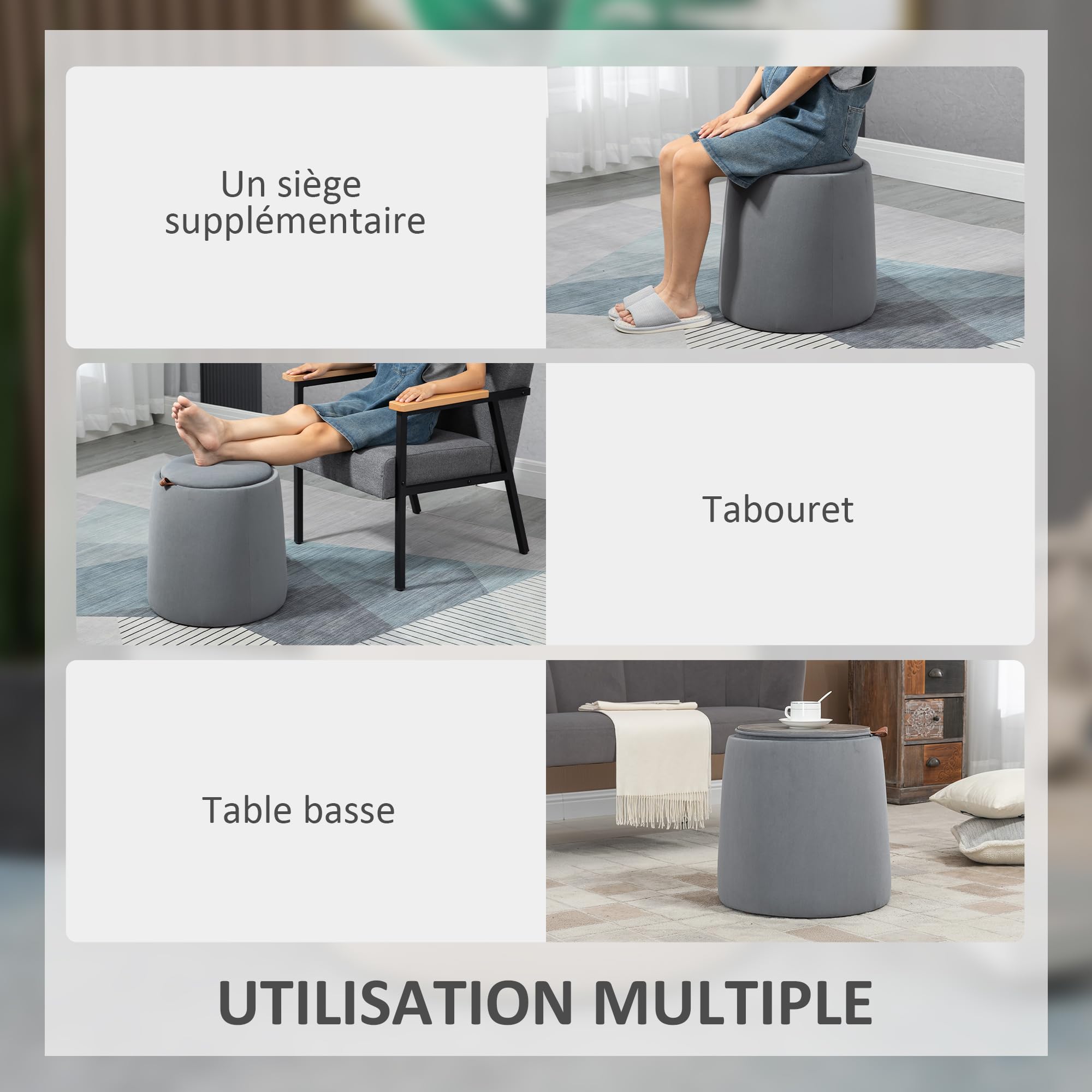 HOMCOM Pouf Coffre Rangement, Tabouret Rond avec Couvercle réversible, Pouf Repose-Pieds en Tissu Velours givré, pour la Chambre à Coucher, entrée, Salon, Charge 150 Kg, Ø 44 x 47,5 cm, Gris