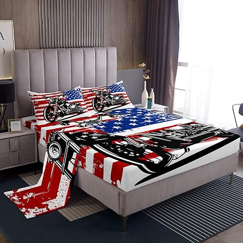 Erosebridal Juego de sábanas para motocicleta de carreras, vehículos y motocross, bandera estadounidense, bandera de Estados Unidos, motocicleta,