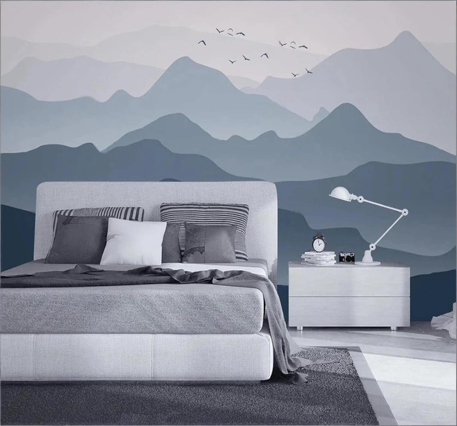 Xlming 400Cm×280Cm(B×H) Blue Ink Wash Landscape Birds In Flight Scenery 3D Wallpaper Luxury Home Dining Decor Paste Sofa Living Room The Wall For Bedroom Mural-400Cm×280Cm
