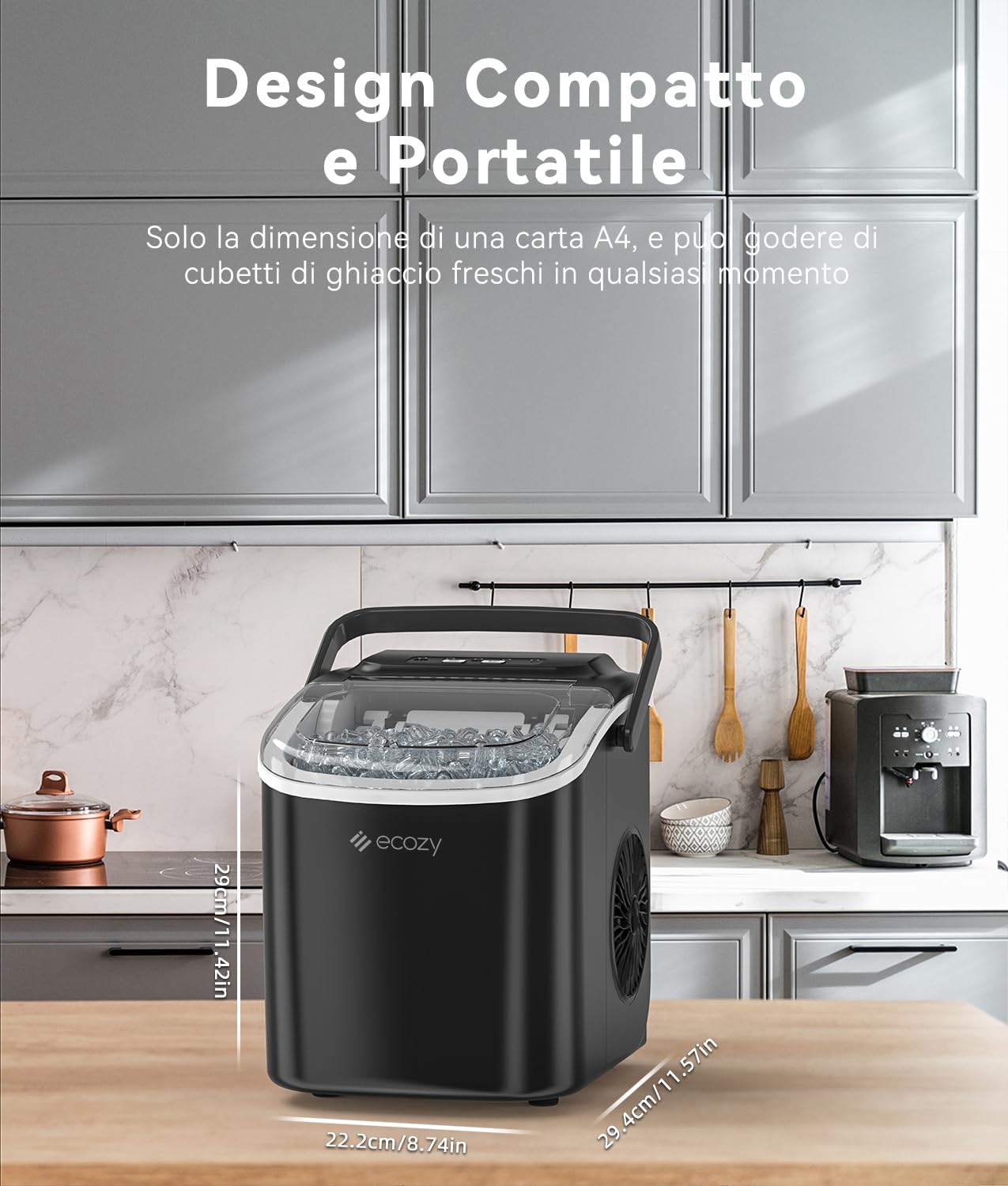ecozy Macchina Ghiaccio, 12KG/ 24 ore, 9 Cubetti di Ghiaccio in 6 Minuti, 2 Dimensioni di Ghiaccio, Macchina del Ghiaccio Autopulente, Ice Maker Portatile per Casa/Festa/Cucina/Bar