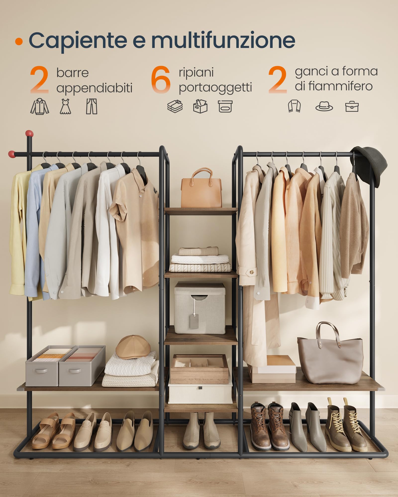 SONGMICS HOME Stand Appendiabiti, Guardaroba Aperto, 6 Ripiani Portaoggetti, 2 Barre, Ganci a Forma di Fiammifero, Armadio Camera da Letto, Noce Naturale e Nero Inchiostro RGR012B01