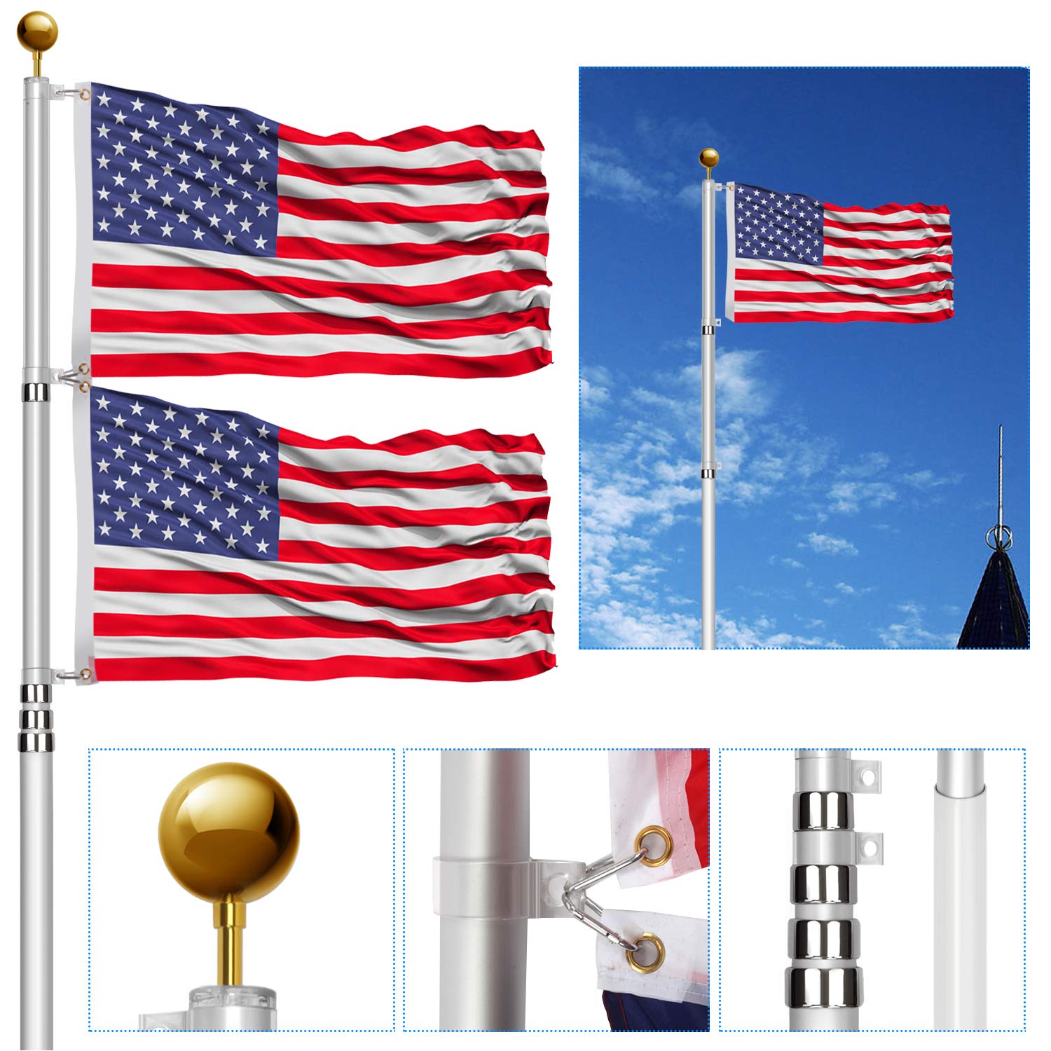 Buy 20FT Telescoping Poles Kit,Heavy Duty 16 Gauge Aluminum Telescopic pole Kit with 3'x5' USA