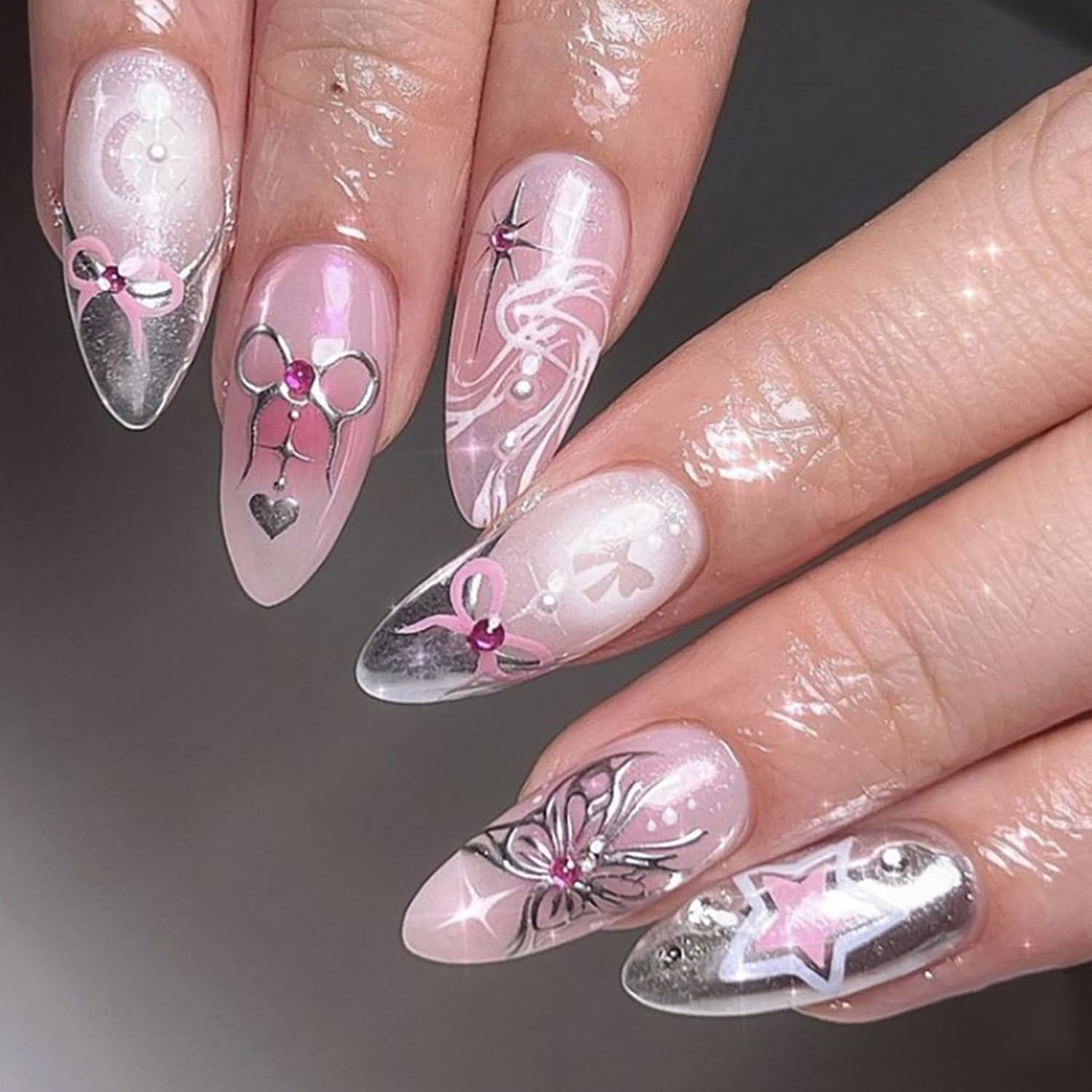 FIEONCIY Press on Nails Almond Shape-Glossy Full Cover Acrylic False Nails with Butterfly Bow Star Designs Artificial Medium Almond Pointed Fake Nails