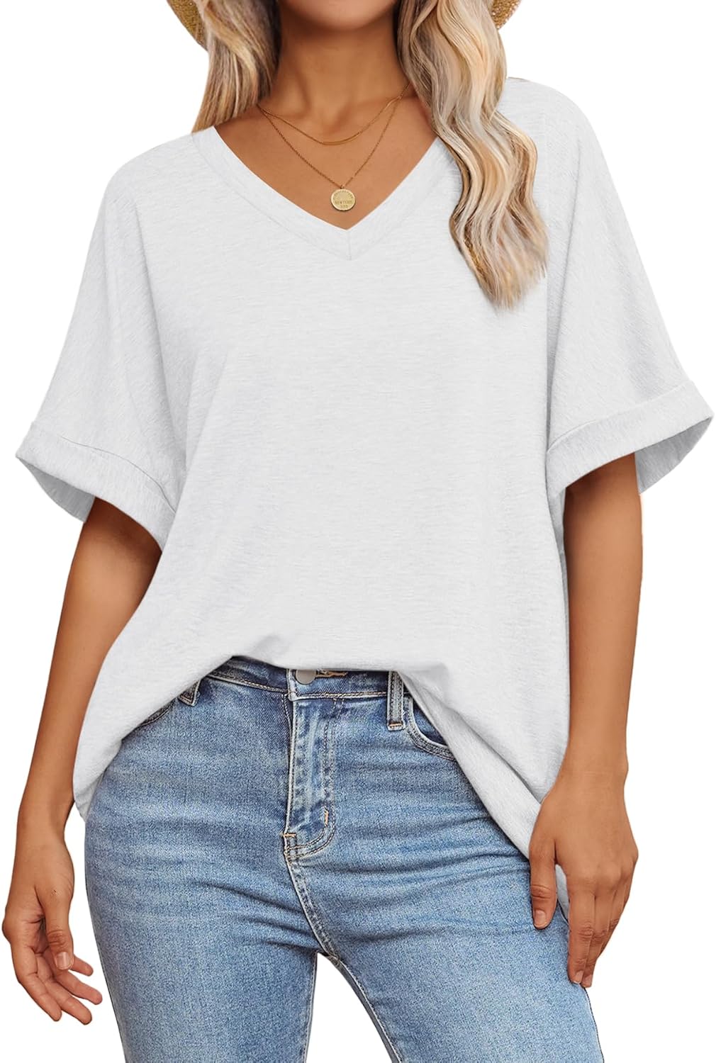ATHMILE Womens Oversized T Shirts Loose Fit V Neck Short Sleeve Summer Casual Blouse 2024 Y2K Tee Tops