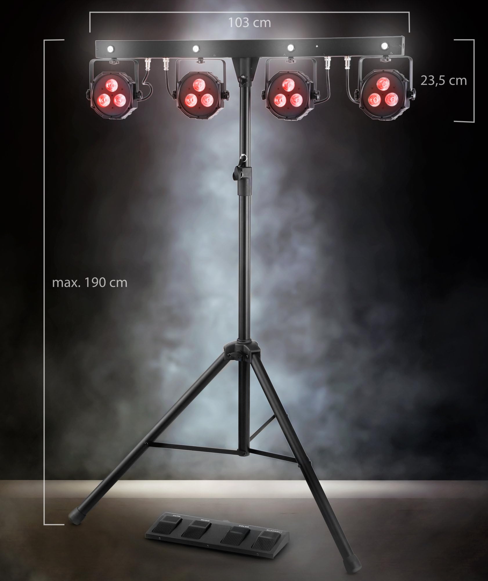 Showlite LB-4390 Sistema Completo LED RGB, con Pedale Wireless (Tri-LED PAR Spots, Strobe Spot bianchi, DMX512, Pedale Wireless, Display LCD, Microfono, T-Bar, Statore, Borse)