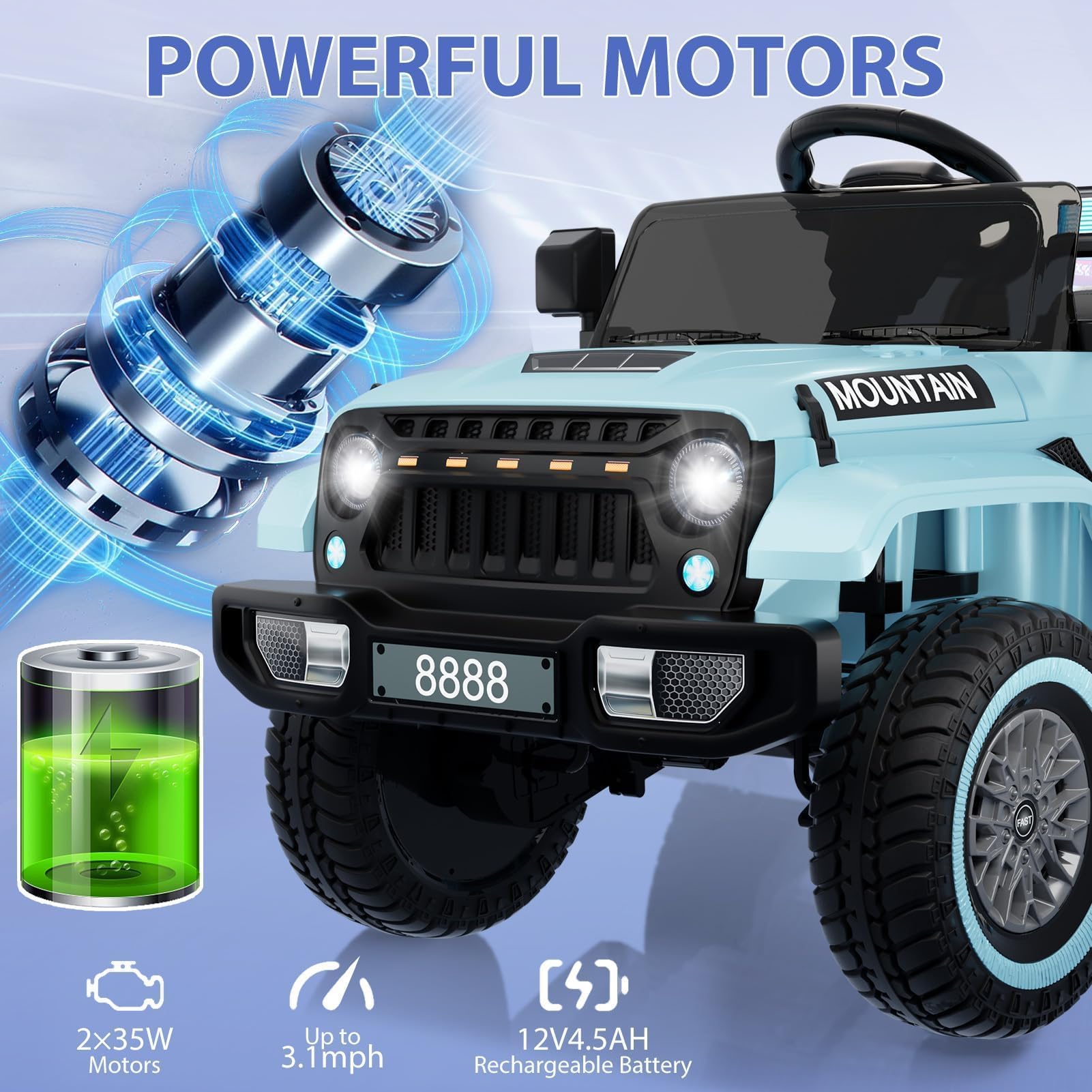 GarveeTech 12V Kinder Elektroauto mit 2x35W Motoren – Fernbedienung, Musikplayer, LED-Scheinwerfer, Hupe, Federung, Sicherheitsgurt, Türen – Elektrofahrzeug für Jungen – Blau