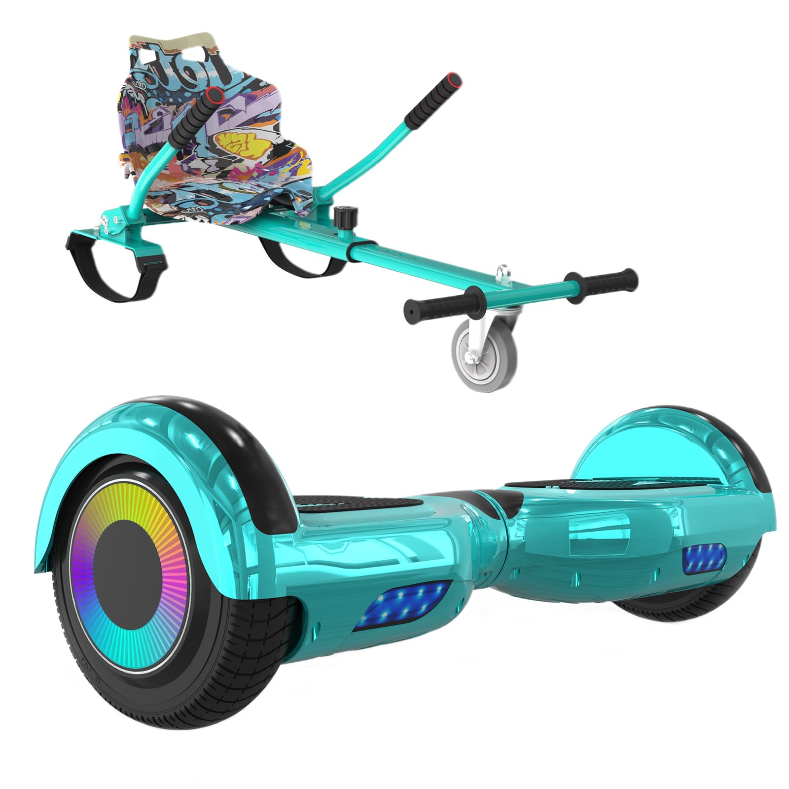 ELEKGO Hoverboards for Children, 6.5 Inch Self-Balancing Hoverboard with Go-kart and LED Lights, Bluetooth Speaker for Teenagers (Green+green KT)