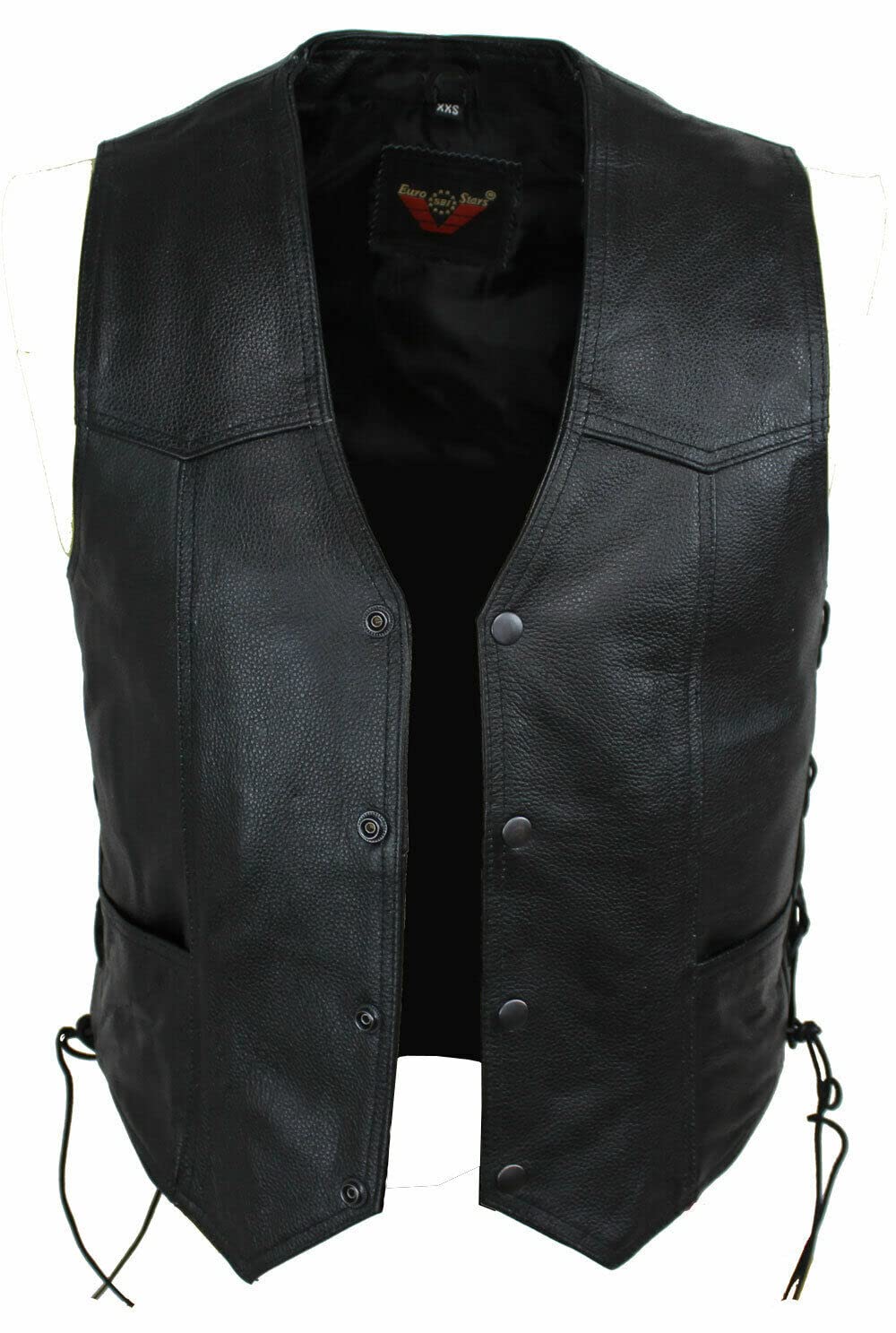 EURO STARS Lederweste Herren mit Druckknopf und Beige Adler-Prägung, Lederkutte, Motorrad Lederweste, Biker Lederweste, Clubweste, Chopper Kutte, Rockerweste, Kutte