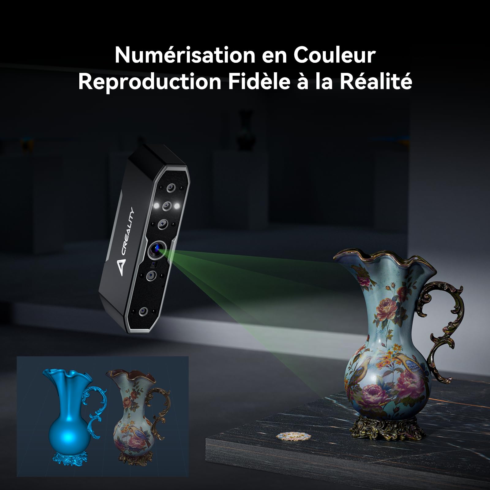 Creality CR-Scan Otter Scanner 3D pour Impression 3D, 20fps avec Vision Stéréo à Quatre Objectifs, Plage de Numérisation de 10 à 2000mm, Suivi Anti-tremblement, Précision de 0,02 mm pour MacOS/Windows