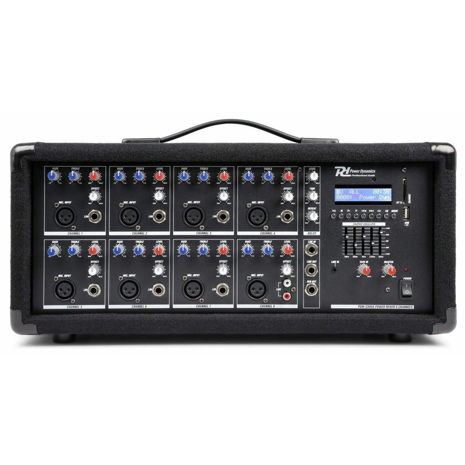 Power Dynamics PDM-C805A Table de Mixage Amplifiée 800 Watts - 8 Canaux, Connexion sans Fil Bluetooth, USB/SD, Réglages Graves/Aigus par Canaux, Idéal pour DJ, Groupe ou Salle de Spectacle