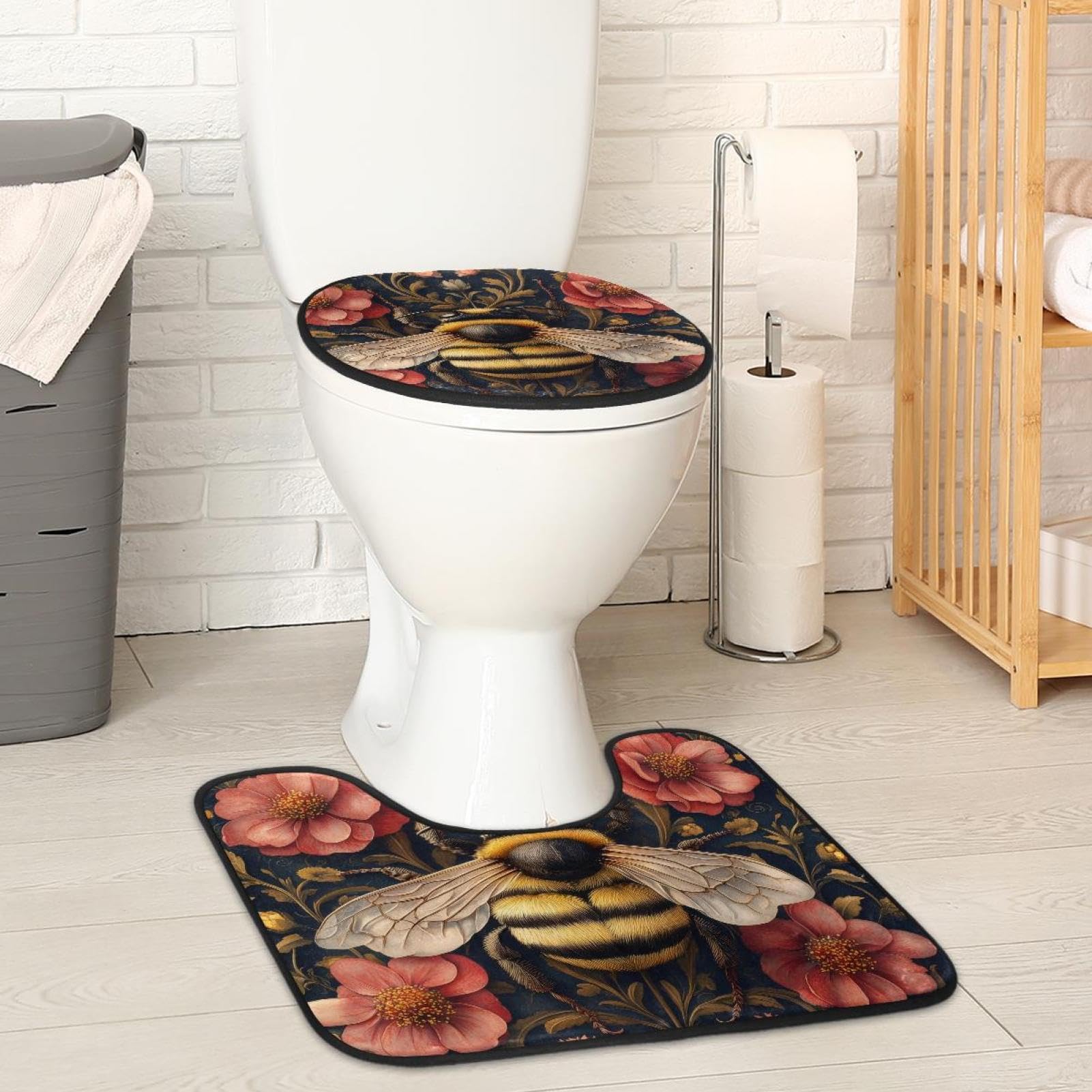 MUOOUM Toilet Lid Cover and U-Shaped Toilet Floor Mat Set of 2 Pieces, Vintage Bee Flowers Toilet Mat Set, Machine Washable Seat Covers Non-Slip Absorbent Rugs