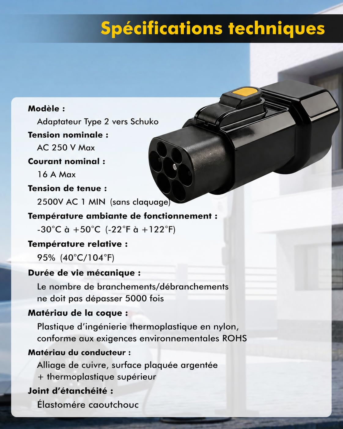 Erato Adaptateur Type 2 vers Schuko 220V-250V AC 16A 3,5 KW, Non V2L | Adaptateur pour borne de Recharge IEC 62196 pour véhicule électrique Trottinette électrique vélo Moto VAE, Noir