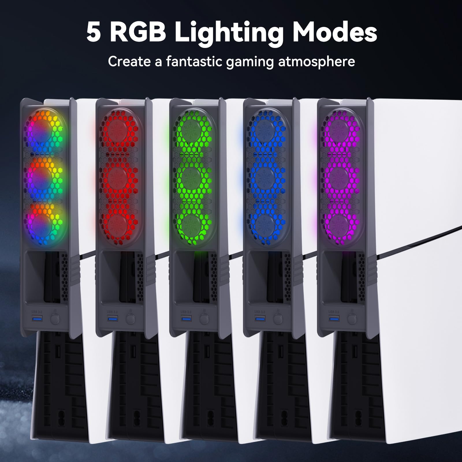 ELUTENG Ventilateur de Refroidissement pour PS5 Slim et PS5 Pro, Efficient Refroidisseur avec Lumière RGB et Hubs USB 3.0, Accessoire de Refroidissement Silencieux pour Playstation 5 Pro/Slim