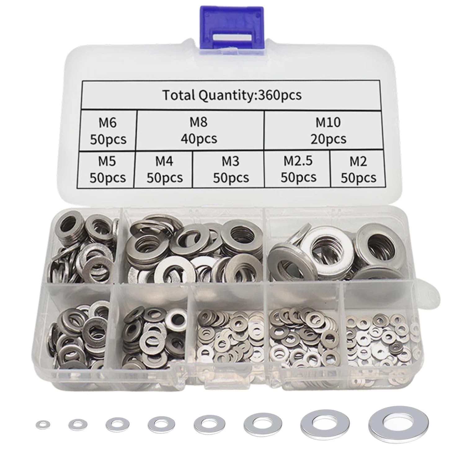 360 Pcs Washers for Screws, Stainless Steel Washers Assortment Kit M2-M10, Hardware Home Improvement Essential, Flat Metal Washer for Bolts Nuts and Automotive Repair, M2 M2.5 M3 M4 M5 M6 M8 M10
