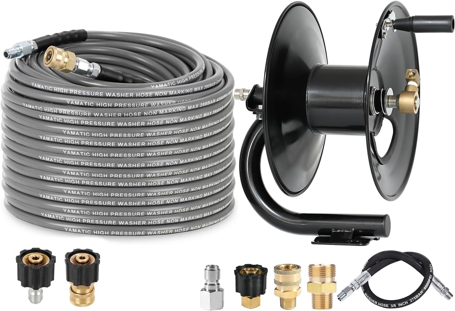 YAMATIC Pressure Washer Hose Reel 100 ft&YAMATIC Non Marking 1/4" 4200 PSI Pressure Washer Hose 100 FT Kink Resistant Swivel 3/8" Quick Connection, Industry Grade for Power Washer, Super Wear Resistan