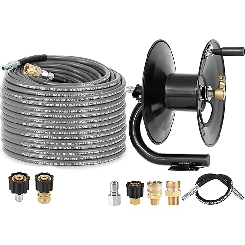 YAMATIC Pressure Washer Hose Reel 100 ft&YAMATIC Non Marking 1/4" 4200 PSI Pressure Washer Hose 100 FT Kink Resistant Swivel 3/8" Quick Connection, Industry Grade for Power Washer, Super Wear Resistan