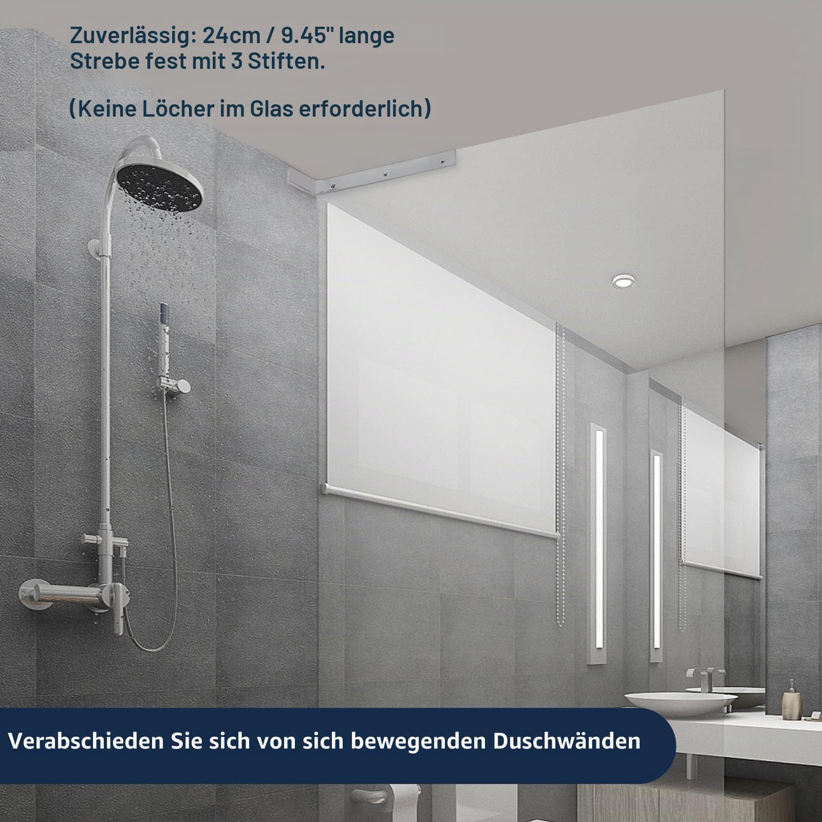 LukLoy Feste Glasstützstange, Rahmenloses zu Wandklemme, Duschstabilisator, L-Form, Montagehalterung, Kein Bohren (Glas Rechts)