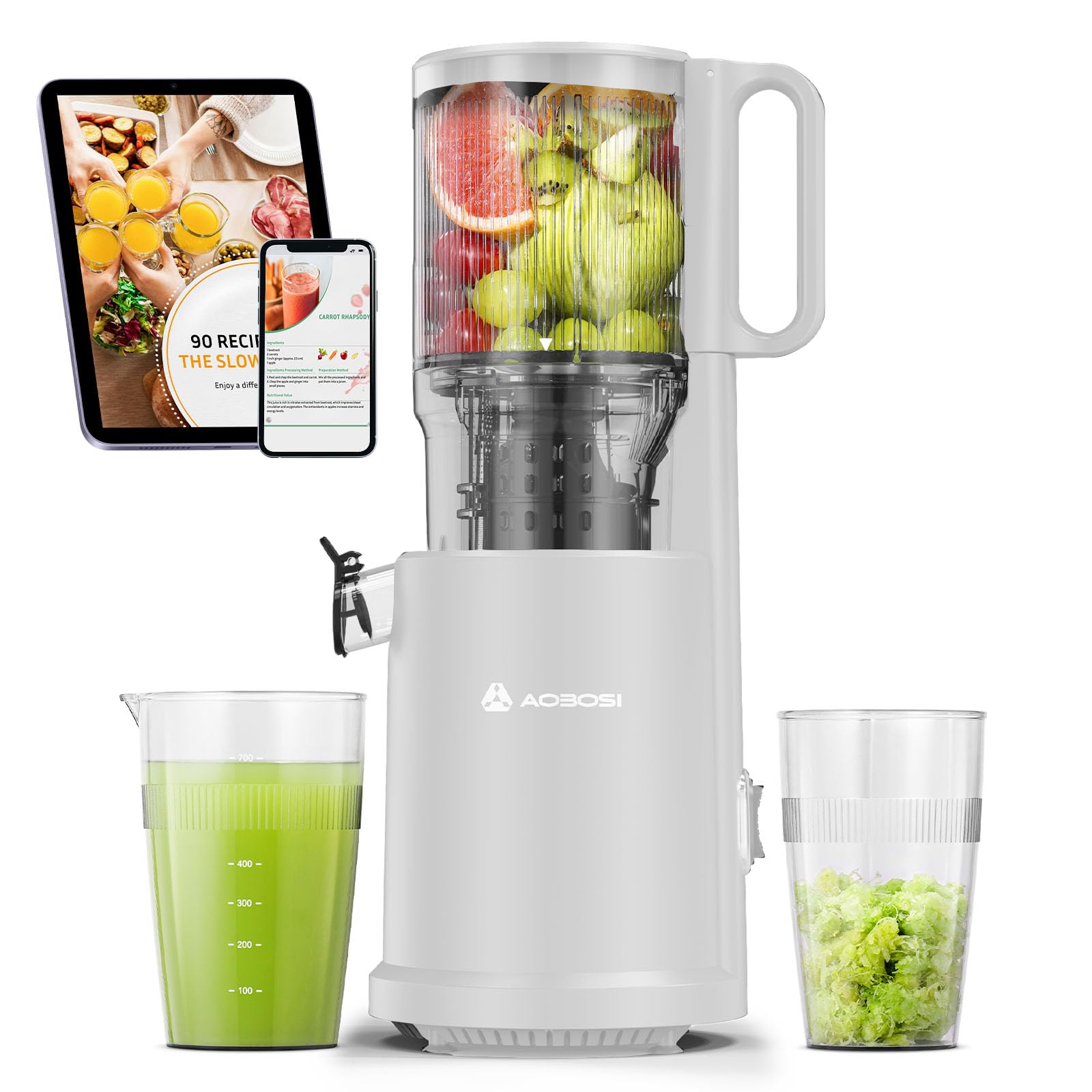AAOBOSI Exprimidor de verduras y frutas con 2 modos de velocidad, exprimidor lento con cepillo de limpieza y 2 vasos, Extractor de jugos Cold Press Slow Juicer Machine con Sinfín Mejorado