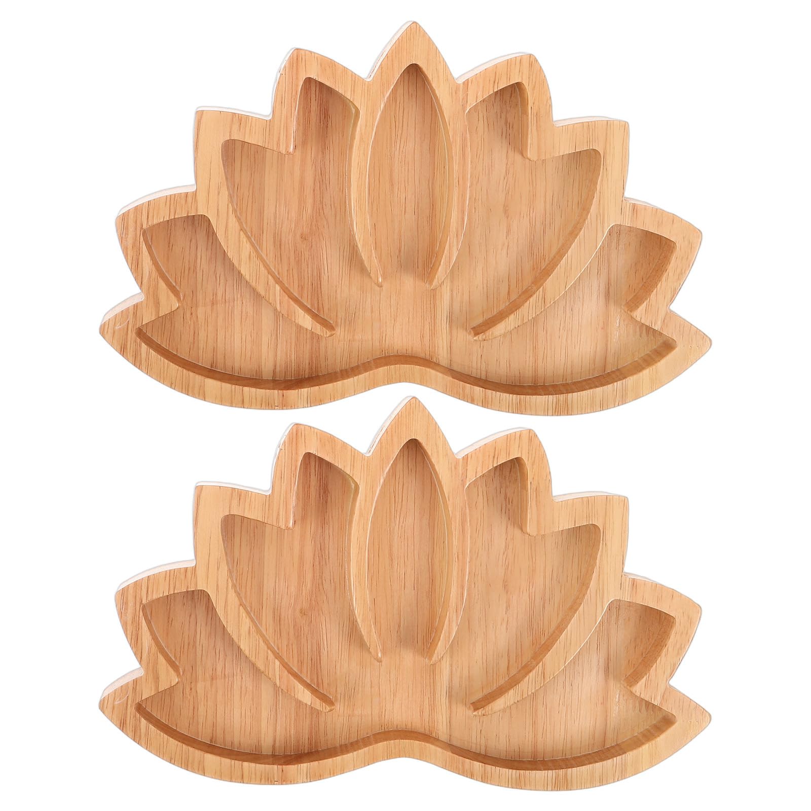 Bandeja de madera de loto contra el desorden de cristales y piedras en la decoración de mesa