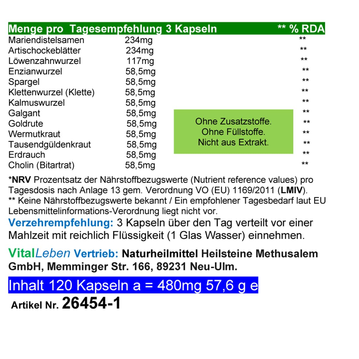 LEBER Vital Komplex Leberkapseln 3x120 Kapseln 12 Kräuter & Bitterstoffe mit Löwenzahn, Artischocke, Mariendistel + CHOLIN für normale LEBERFUNKTIONEN & FETTSTOFFWECHSEL. OHNE ZUSATZSTOFFE 26454-3