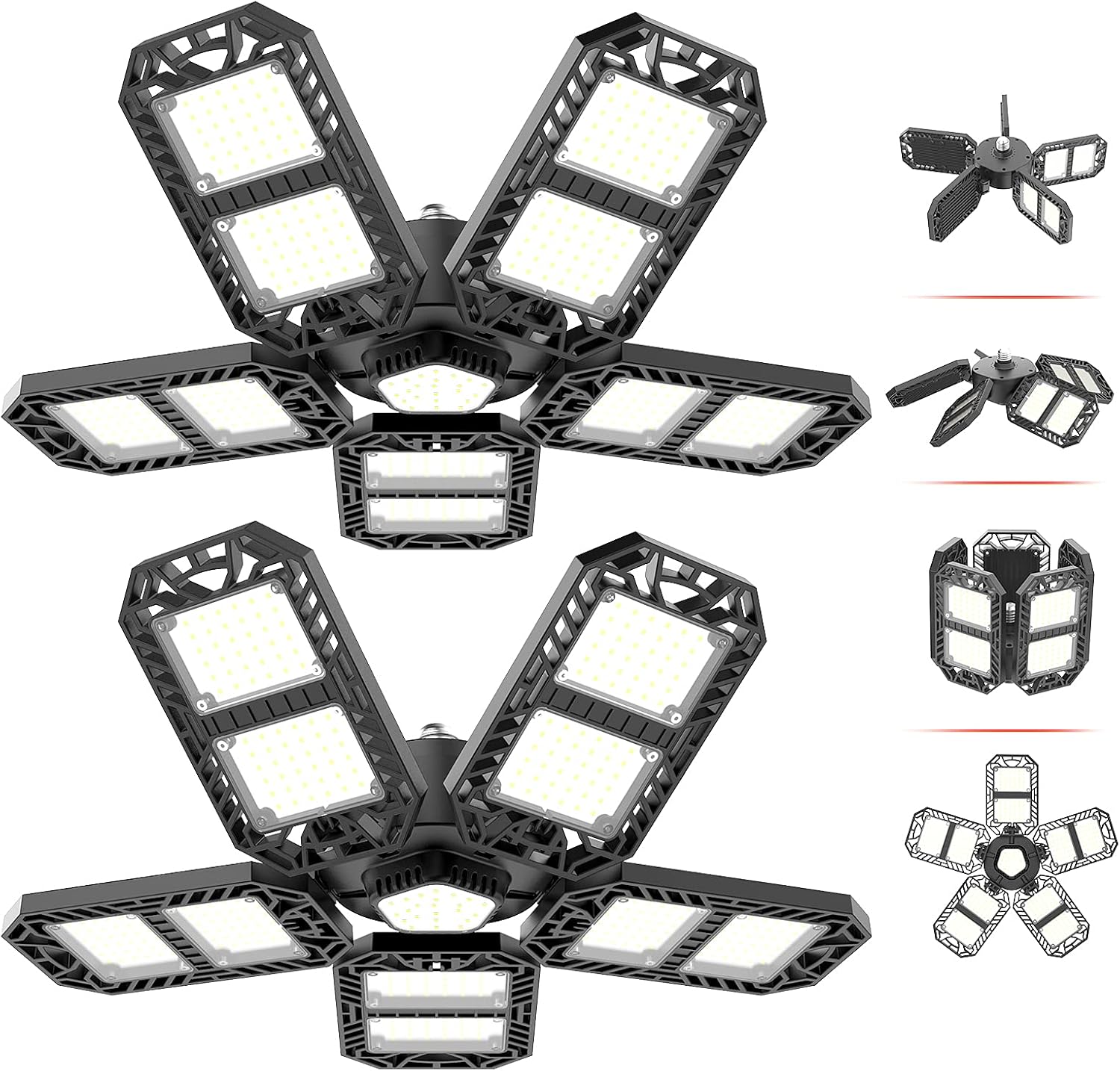 Rufbjkd LED Garage Light,300W Deformable LED Garage Ceiling Light with 5 Adjustable Leaf,Super Bright LED Shop Light With10+1 Glow Panels, Lighting for Garage Basement Warehouse,E26/E27 Base (2 Pack)