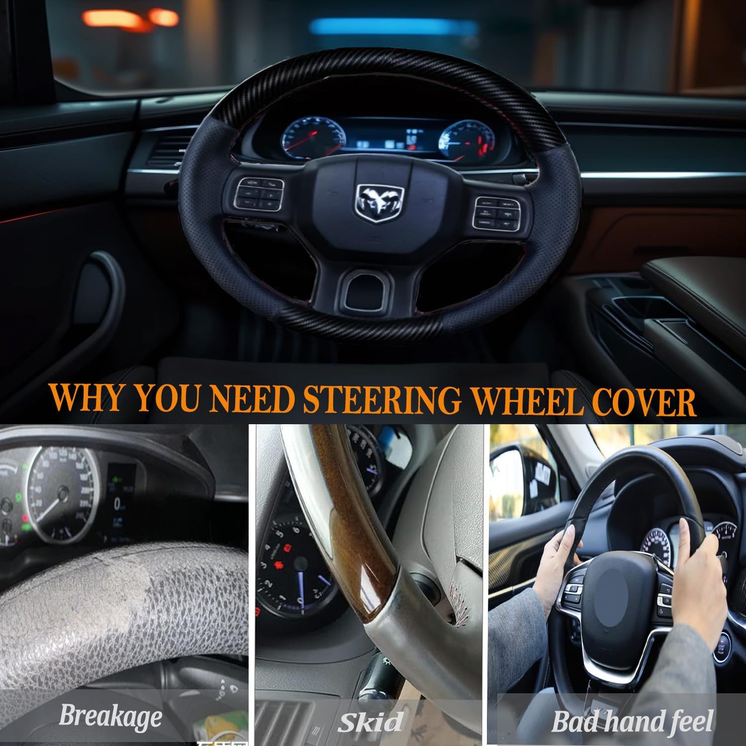 Hand Stitch Steering Wheel Cover | Customized Fit for Dodge Ram 1500/2500/3500/4500/5500 2013-2019 Anti-Slip Breathable Carbon Fiber and Side Perforated Leather Heavy Duty -Black