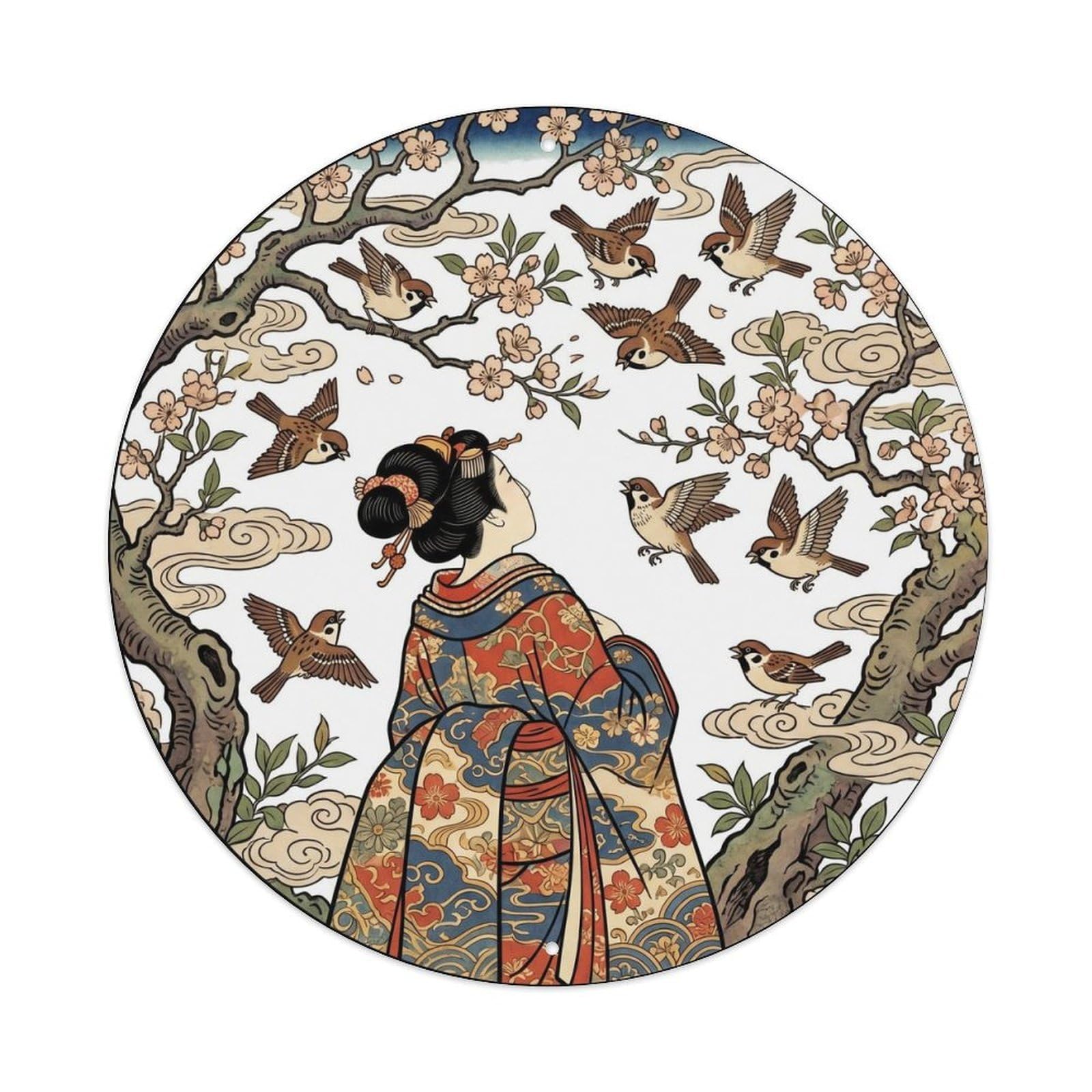 Galvaxio Style Japanese Kimono Woman Observing Sparrows Hopping Branches Metal Tin Sign