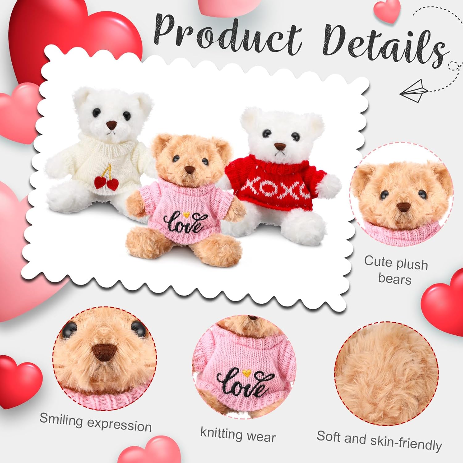12 Pcs Valentine's Day Teddy Bear Bulk Stuffed Animals 8 Inch Mini Plush Bear Toys for Valentine Gift Party Favor Girlfriend Wedding Anniversary(Brown, White,Sweater Style)