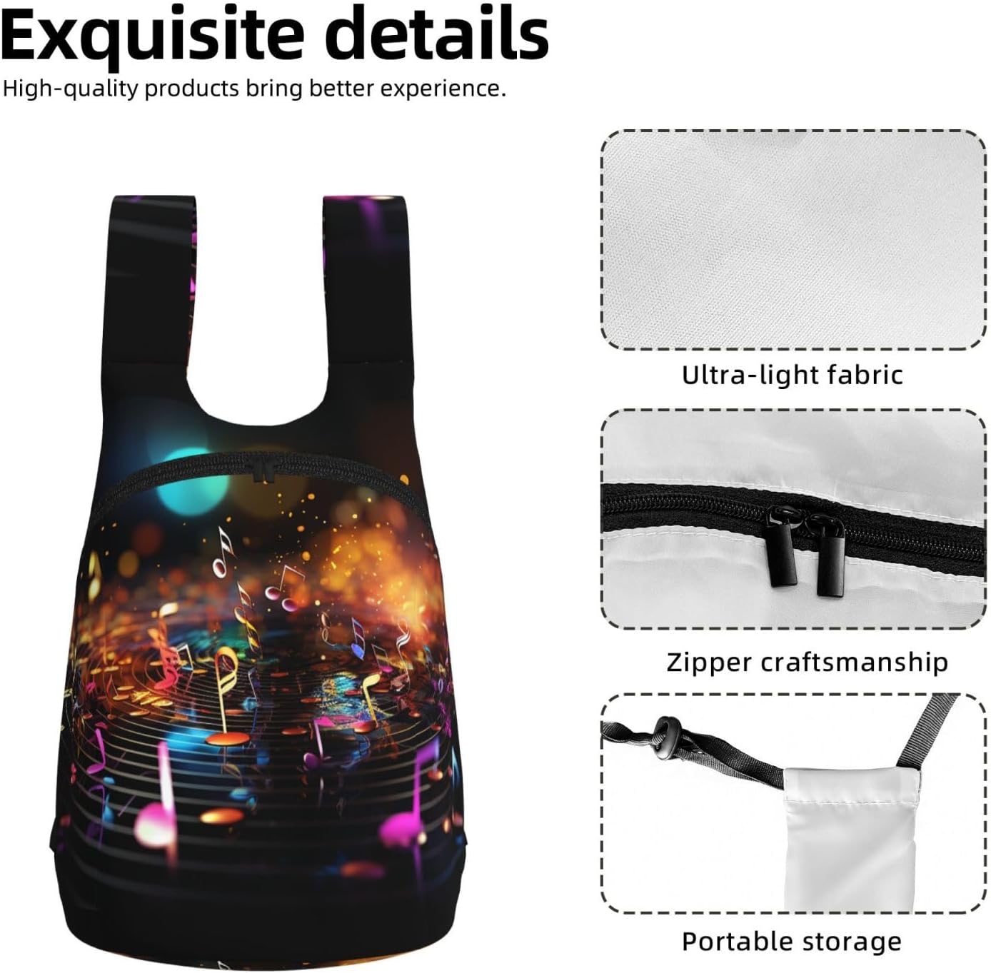 Colorful Music Notes Backpack - Lightweight 16L Foldable Hiking Daypack Packable Back Pack Travel Bag Zipper image 5