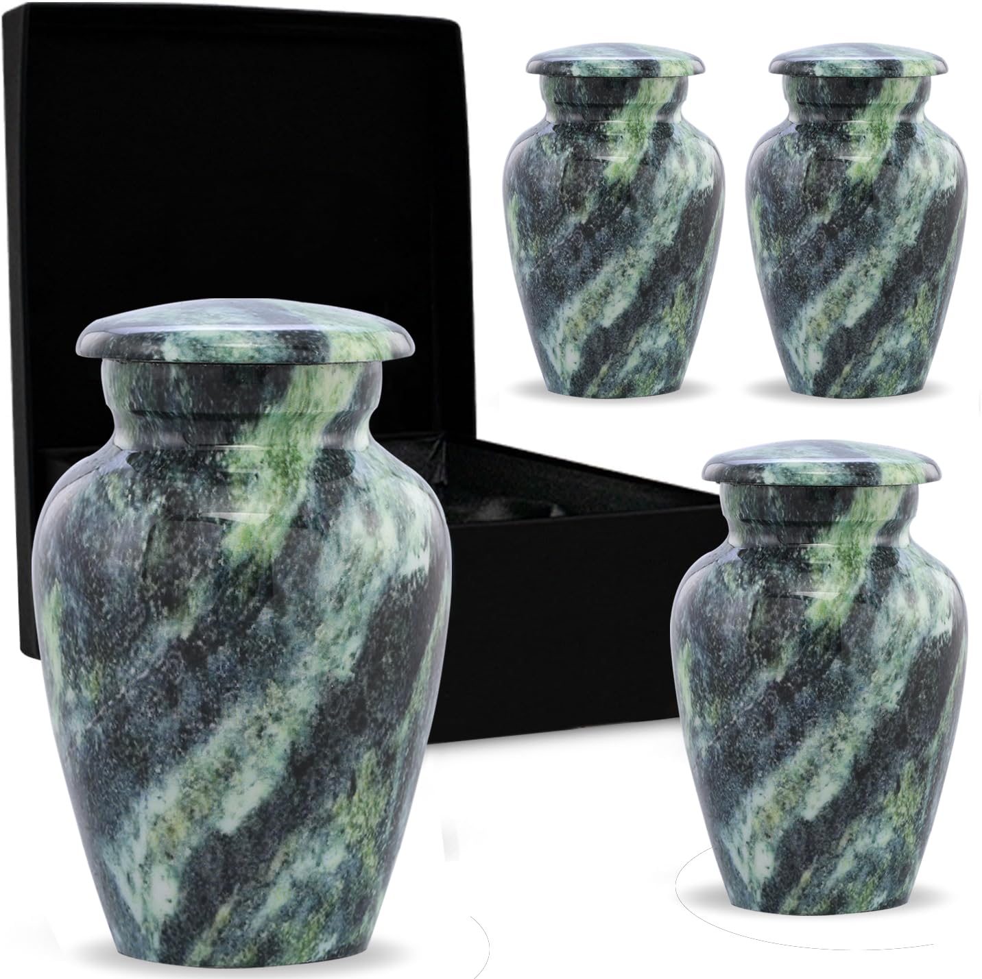 Marble Finish Keepsake Sharing Urn Set of 4 – Mini Metal Cremation Urn for Human or Pet Ashes – Small Memorial Urns with Velvet Bag & Funnel – A Perfect Tribute & Gift for Families (Swirled Green S/4)
