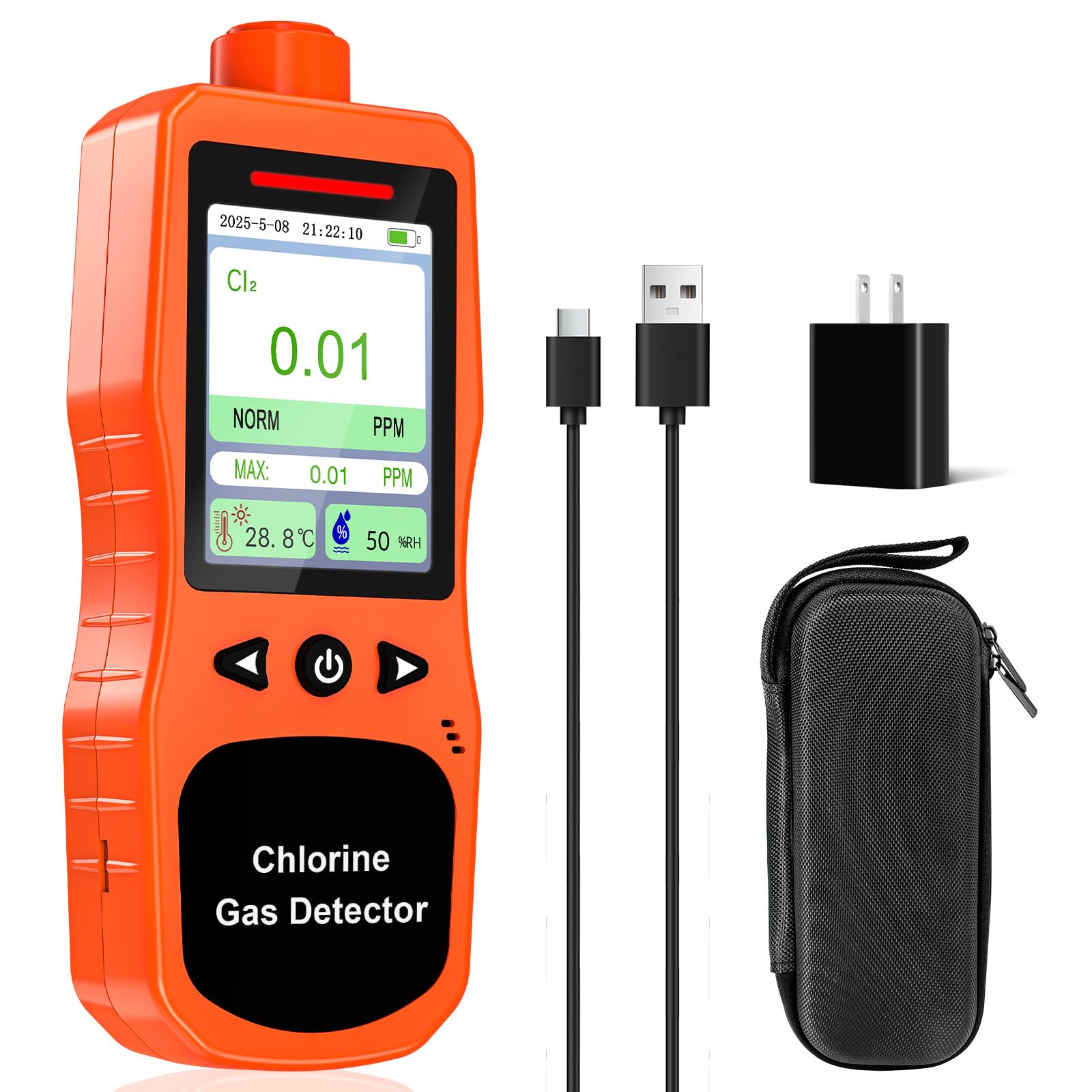 ZYKYCX Chlorine Gas Detector | 0.01PPM Resolution & Range 0-20PPM | Rechargeable with Temp/Humidity Tester | Portable Cl2 Monitor with 3 Alarm Modes | Chlorine Air Quality Meter