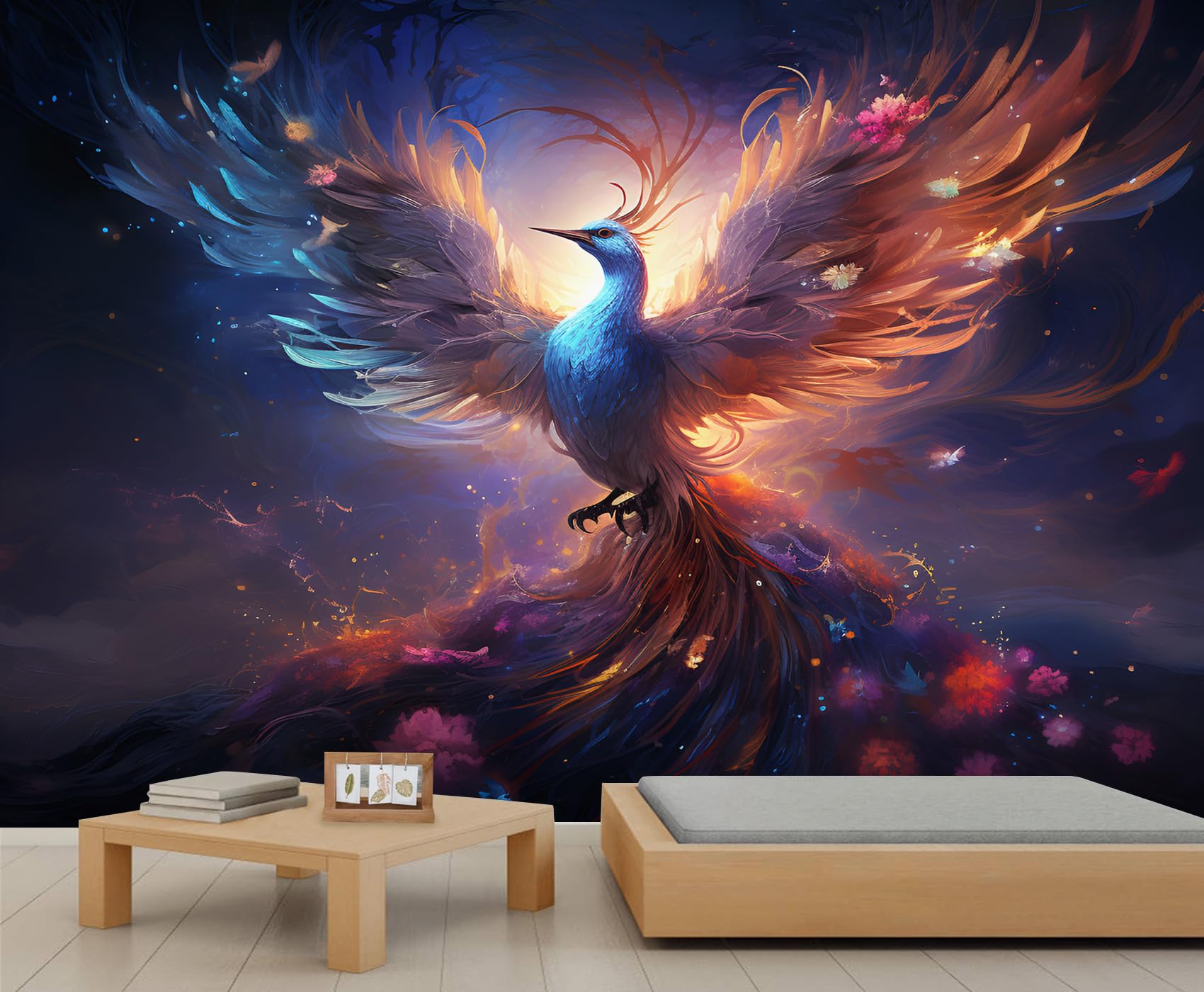 Papier peint grands oiseaux anciens bleu mystique | Revêtement mural aquarelle premium