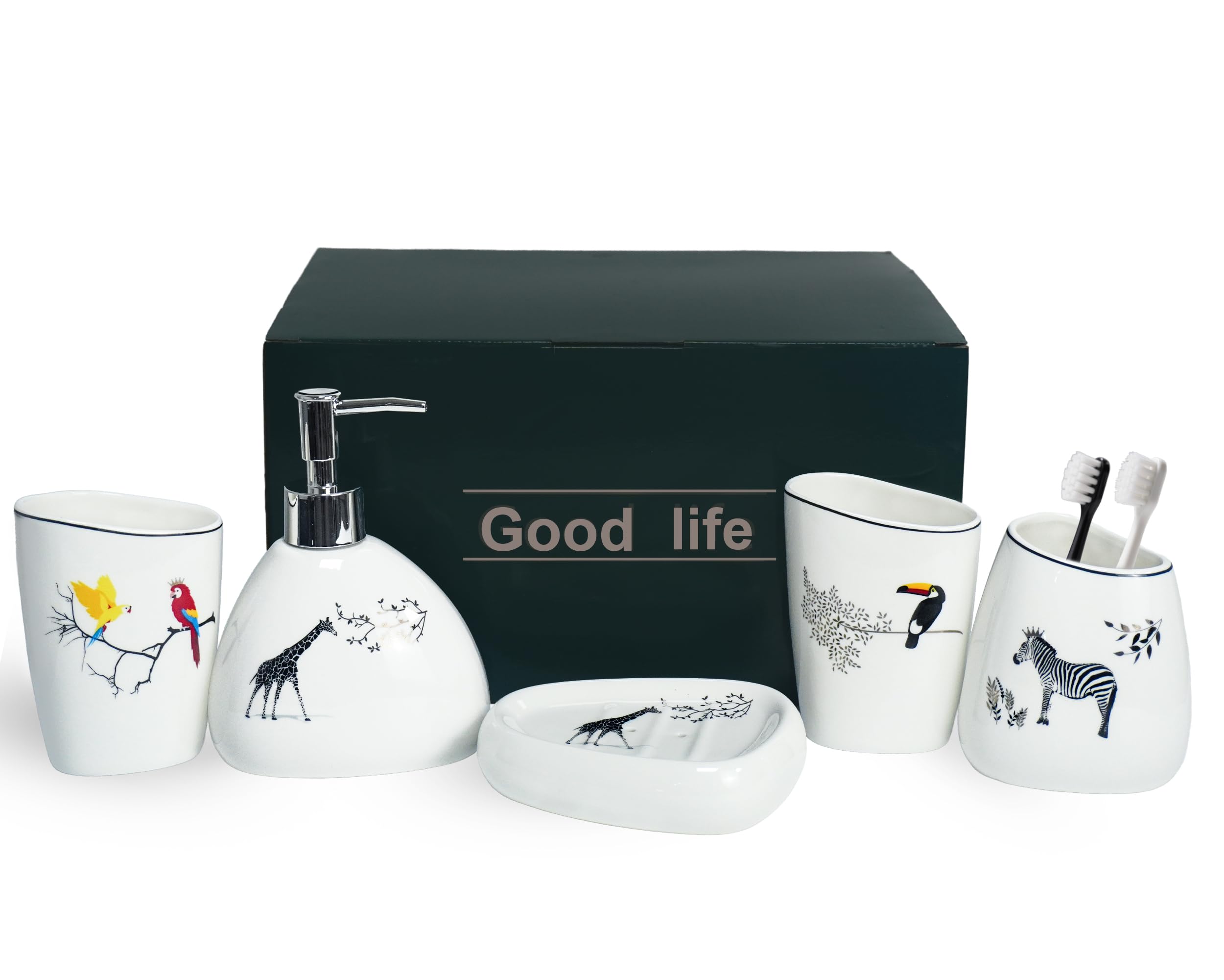 Juego de accesorios de baño de cerámica de 5 piezas con patrón de animales, incluye dispensador de jabón, soporte para cepillo de dientes, jabonera y 2 tazas de enjuague bucal, decoración