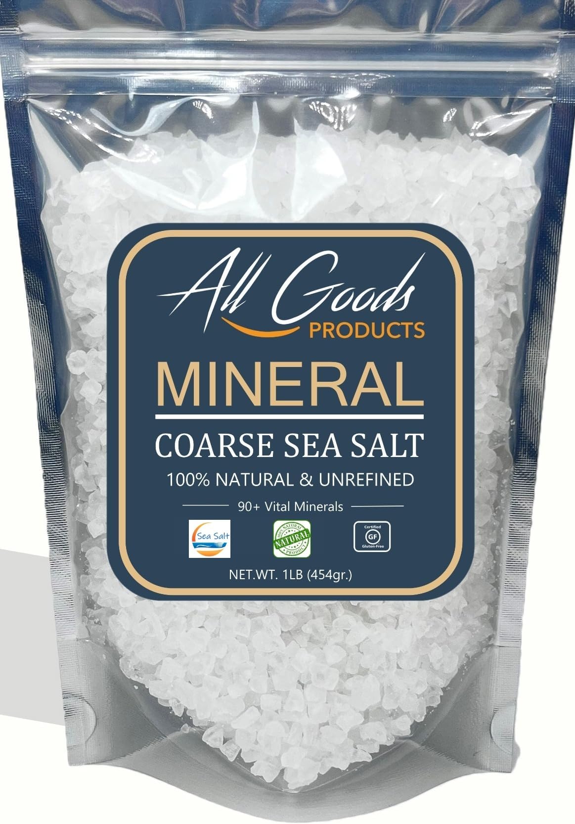 All Goods Mineral Sea Salt - 16 oz Coarse Grain, 100% Natural, Hand-Harvested, Rich in 90+ Essential Minerals, 30% Less Sodium, Kosher, Unrefined.