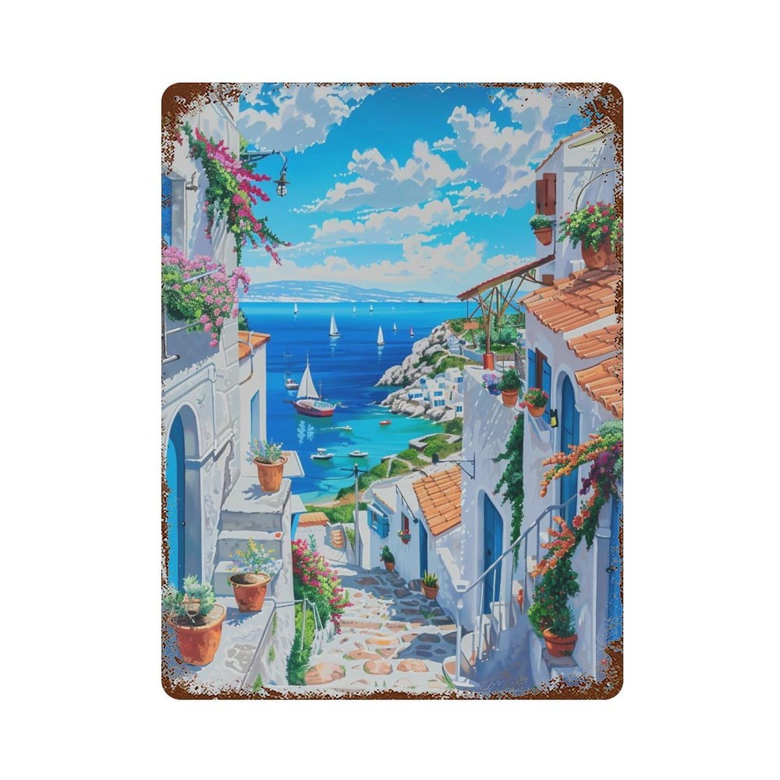 HDURYEYRYY Greek Pink Cottage Bougainvillea Bay 02 Wall Retro Iron Vintage Art Metal Tin Sign Poster Modern Home Cofffee Club Art Bar Shop Decor Style 40x30cm