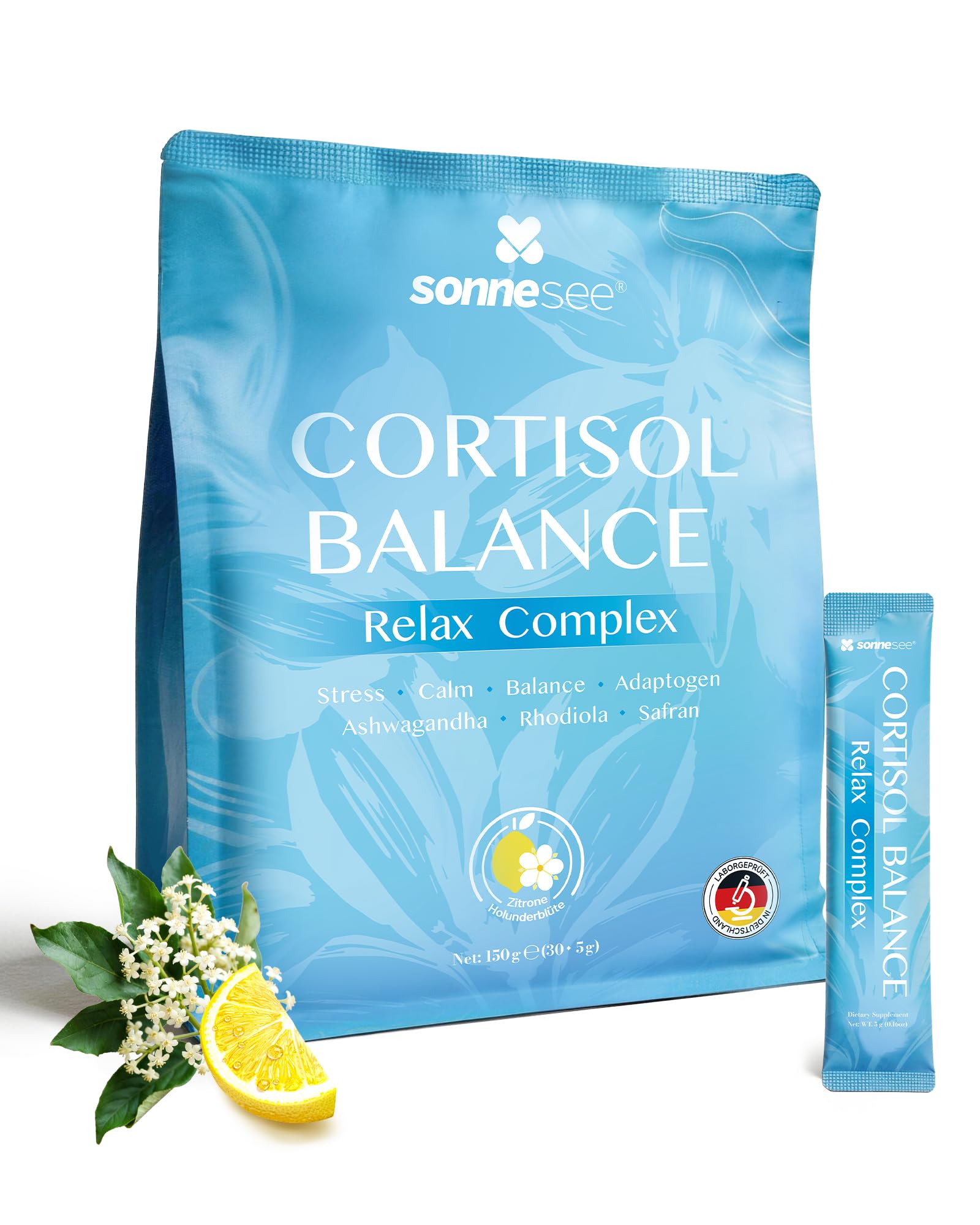 Sonnesee Cortisol Balance Support- Stress Adaptogen Pulver (Cortisol Cocktail) - Mit Ashwagandha Rhodiola GABA & L-Theanin – Zur Unterstützung der Nerven & Psyche – 150g Laborgeprüft in Deutschland