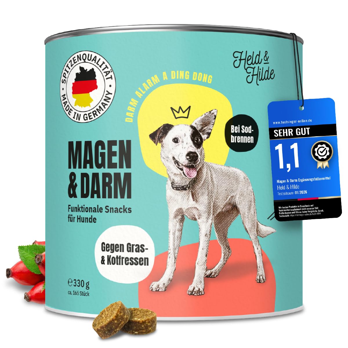 Gras-/Kotfressersnack für Hunde zur Unterstützung von Verdauung & empfindlichen Mägen, Flohsamenschalen Bierhefe Moor Inulin Ulmenrinde Insektenprotein, nachhaltig, Made in Germany, 330g