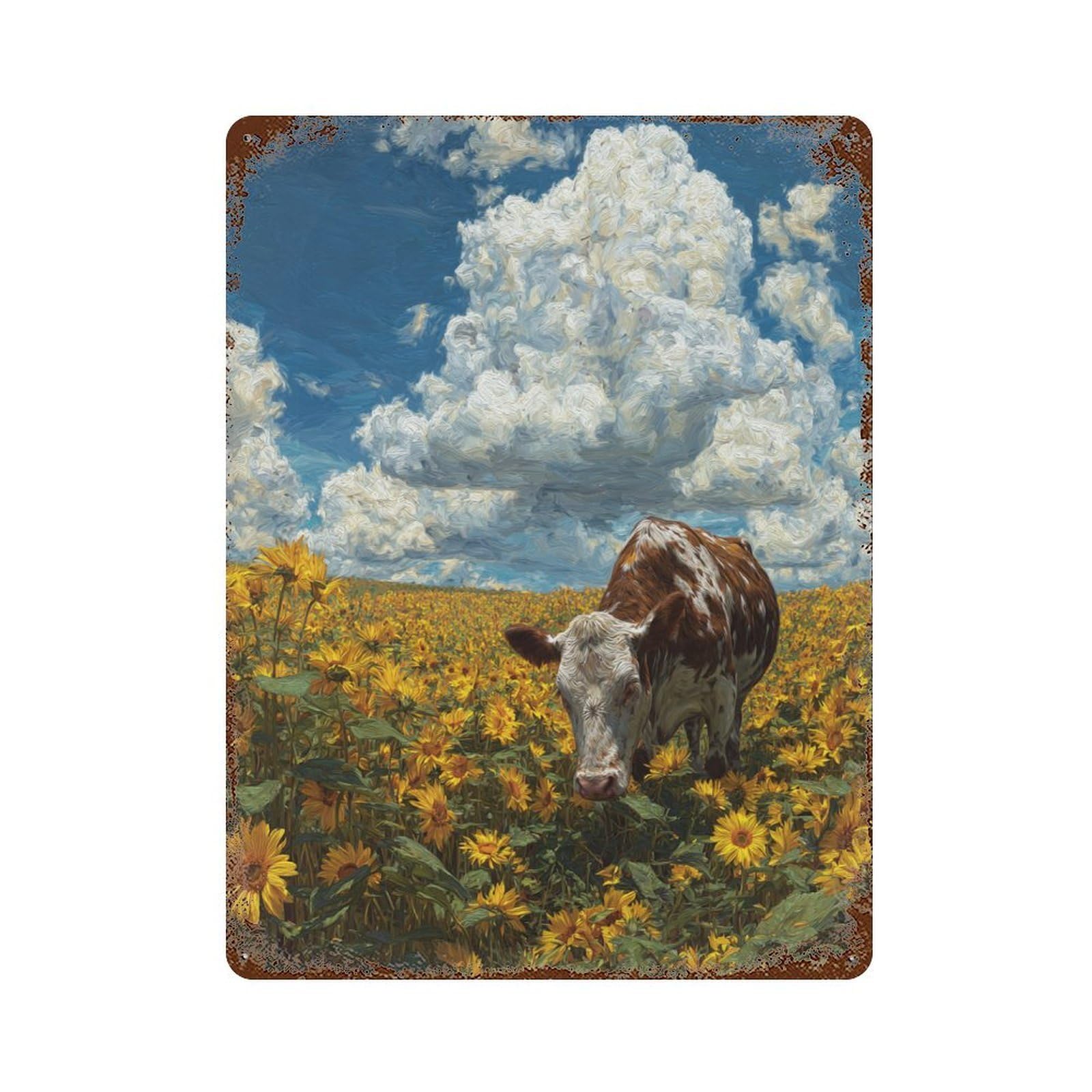 Garage Style Cow in Sunflower Field-1 Distressed Metal Wall Sign 15.7"x11.8", Retro Wall Decor for Bar And Workshop