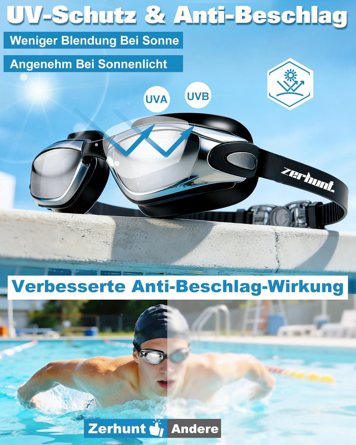 Zerhunt Schwimmbrille für Herren Damen Kinder,Taucherbrille Erwachsene Antibeschlag und UV Schutz,Wassersport Schwimmbrillen Swimming Goggles Geschenke für Männer Frauen Mädchen Jungen 10+