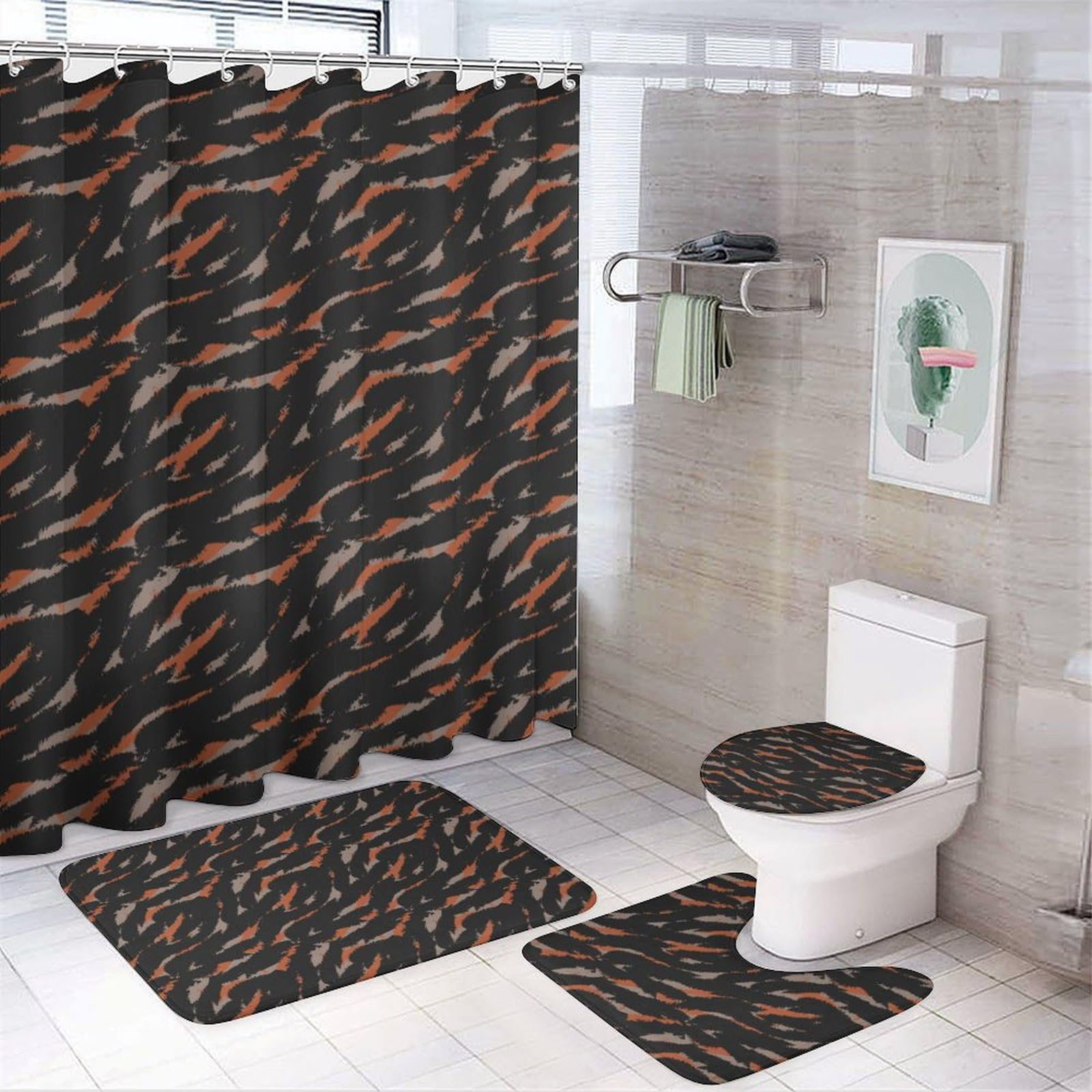 Ensemble de 4 pièces de salle de bain avec rideau de douche et tapis – Camouflage orange et noir – Accessoires de décoration pour couvercle de toilette en forme de U et tapis de couvercle de toilette