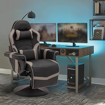 Gaming Chairs for Adults, Gaming Chair with Footrest, Massage Gaming Chair w/Adjustable Height and Backrest, Swivel Video Game Chair with Lumbar Support, Side Pouch Black& Grey