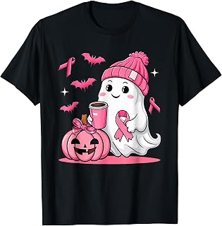 Cute Ghost Drinking Coffee Halloween Breast Cancer Awareness T-Shirt