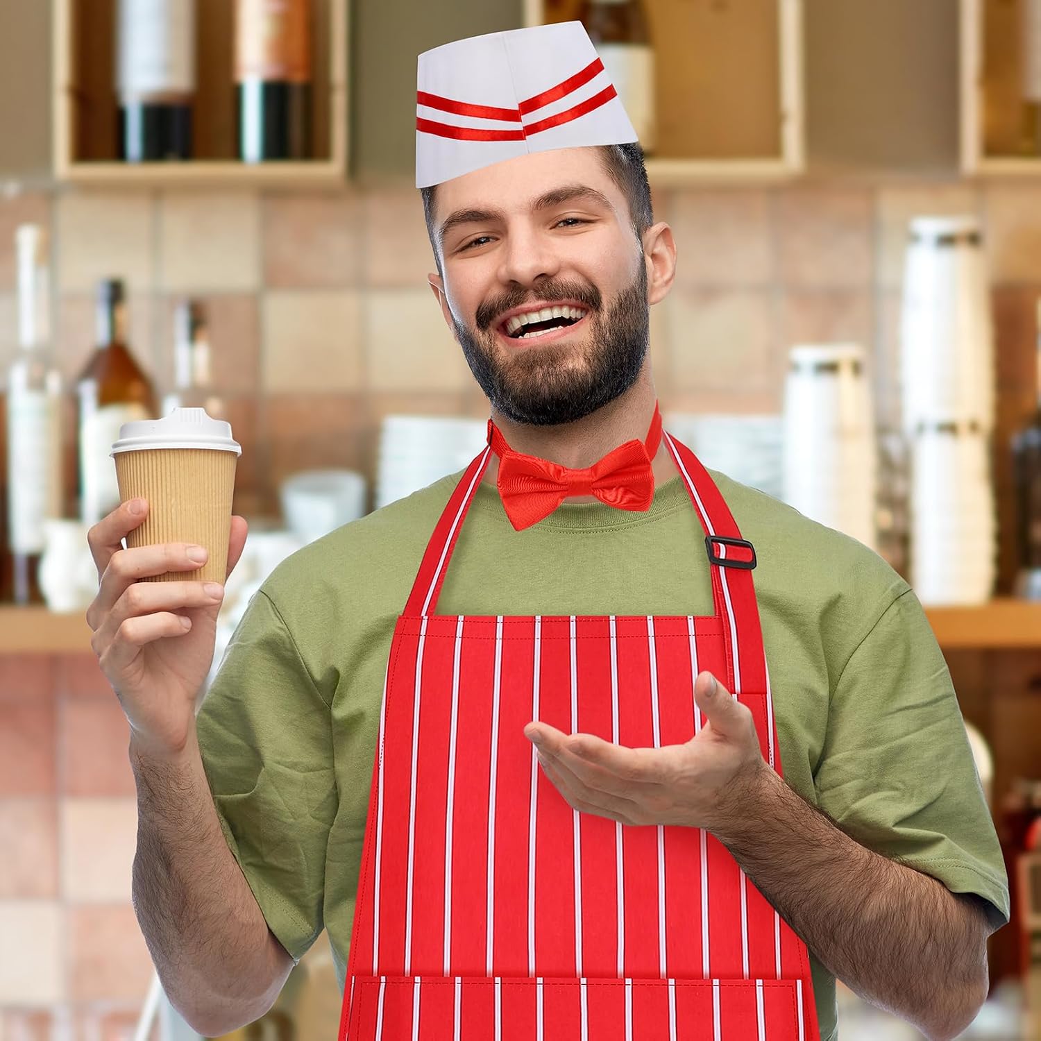1950s Waiter Costume Kit, Soda Jerk Costume Kit, Red and White Striped Apron with 2 Pockets, Chef Hat Red Bow Ties Adjustable for Adult Costume Cosplay Party (70x80cm)