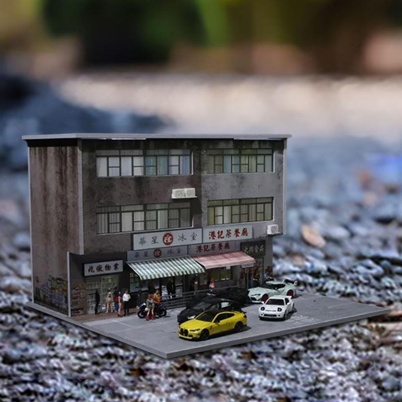 Sharplace 1/64 Diorama Edificio Scena di Strada di Hong con LED Simulazione realistica Display per parcheggio Auto pressofuso per Oggetti da Collezione, Style a