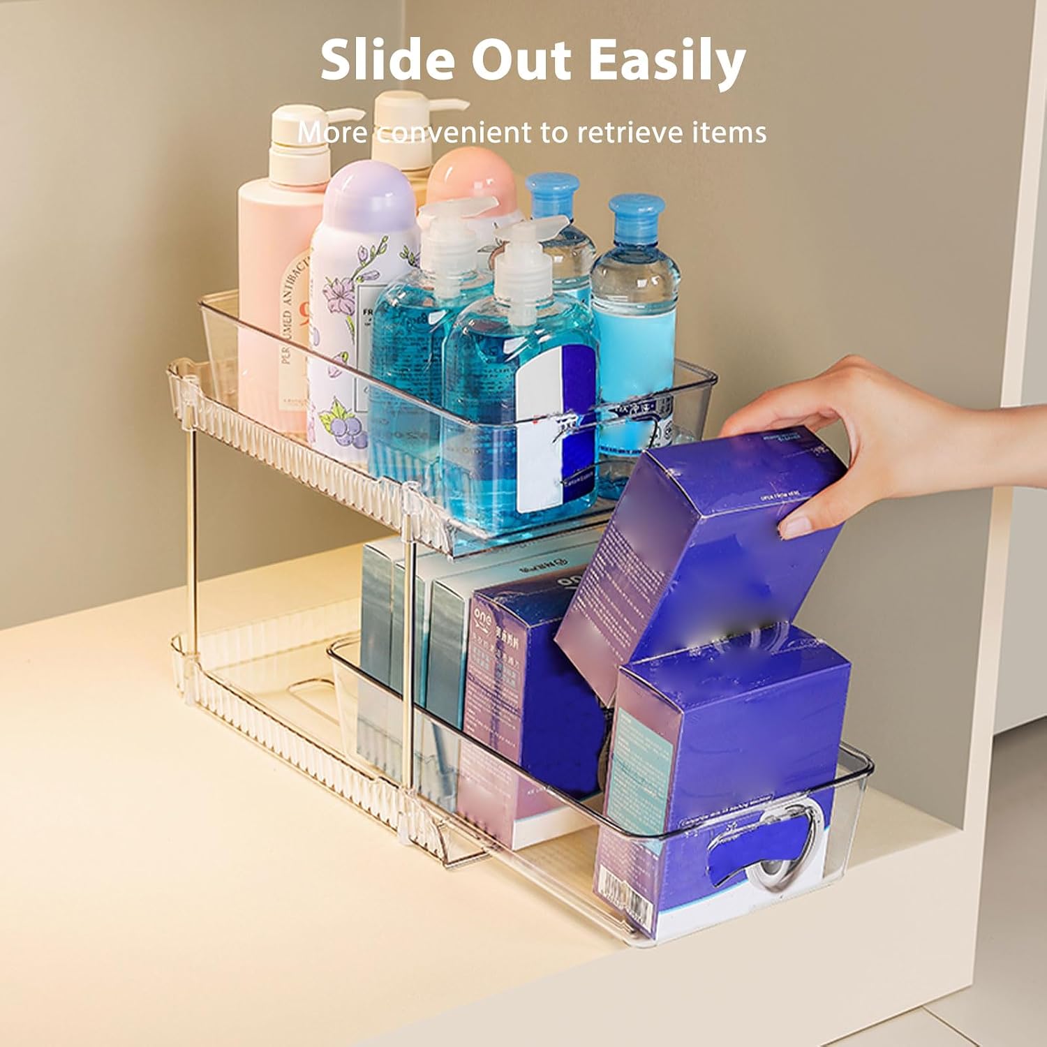 EVGATSAUTO Drawer Organizer, 2-Pack Transparent 2-Tier Pull-Out Storage for Under Sink Cabinet, Plastic Slide-Out Organizer