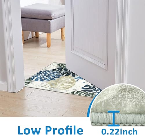 Miniatura 4 de Lanffia Alfombra de área de hojas de 2 x 3 pulgadas, alfombra de entrada lavable antideslizante para fregadero de cocina, alfombra de baño azul