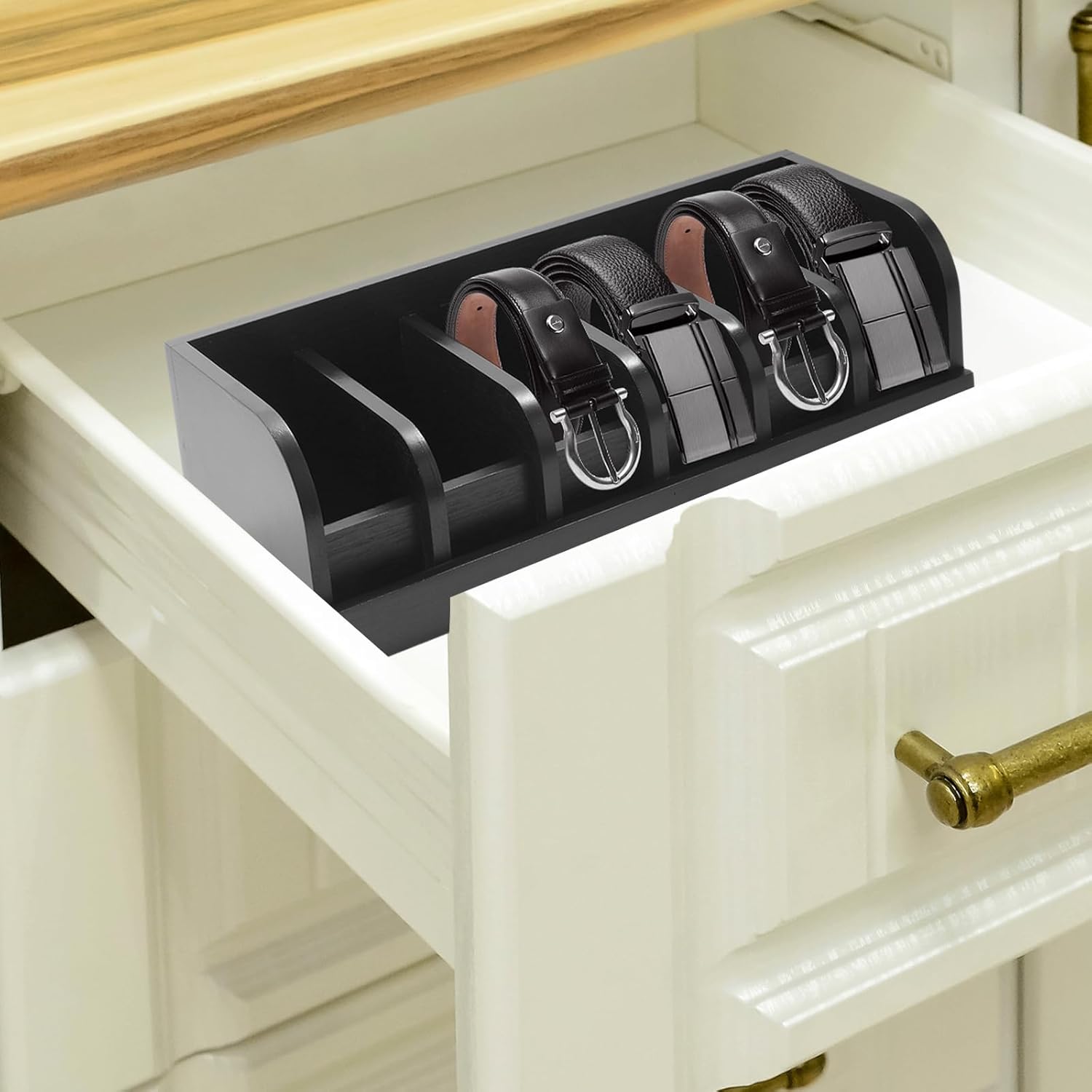 2 Pack Belt Organizer, 6 Compartment Bamboo Belt Organizer for Closet and Drawer, Display Case for Tie and Belt, Belt Holder Storage for Men Women, Black